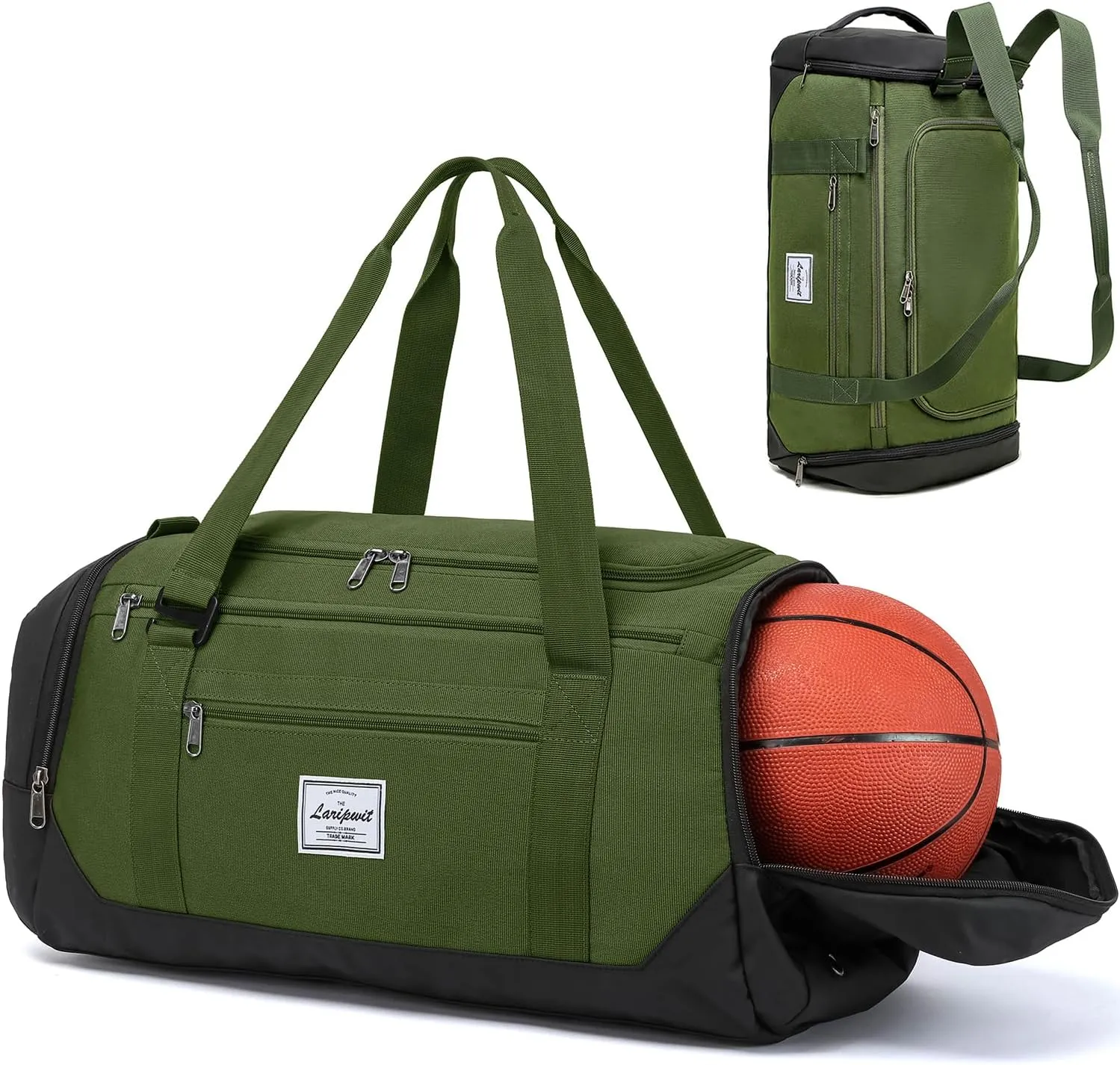 Laripwit Gym Bag Backpack for Men 40L Medium Sports Basketball Duffle Bag with Shoes Compartment & Wet Pocket, Travel Duffel Bag Backpacks for Weekender traveling, Womens Overnight Bag, Green