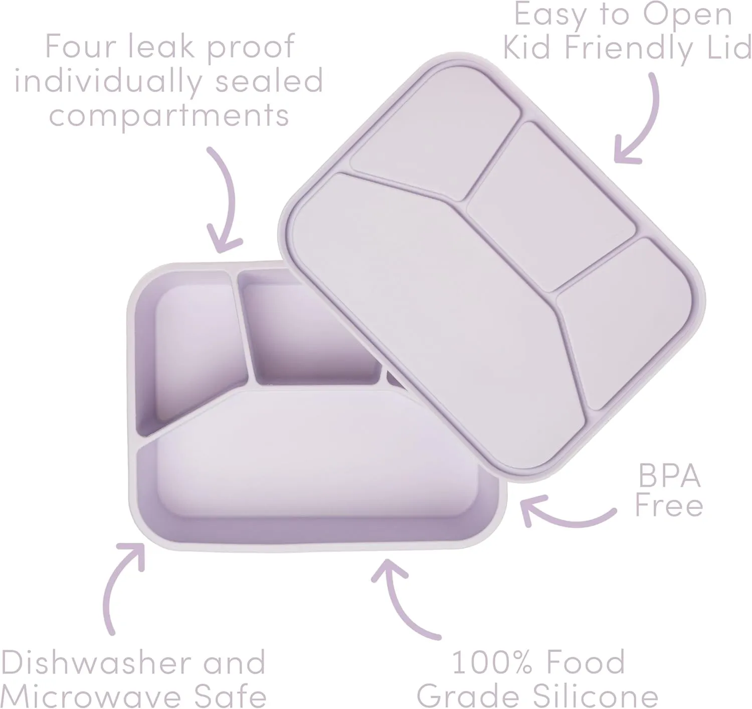 Leak Proof Bento Box Food-Grade Silicone Bento, BPA, Phthalate, Lead, & PVC Free - Bento Lunch Box for Daycare, Kids, & Adults - Leak Resistant Sets With Lids Snack Box Container (Lilac 4)