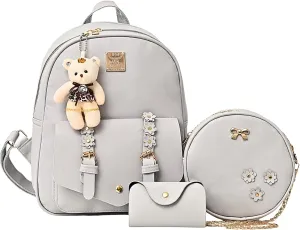Leather Mini Backpack Purse for Women 3-Piece Set Floral Cute Small Casual Travel School Daypacks Little Wallet Bag（Grey）