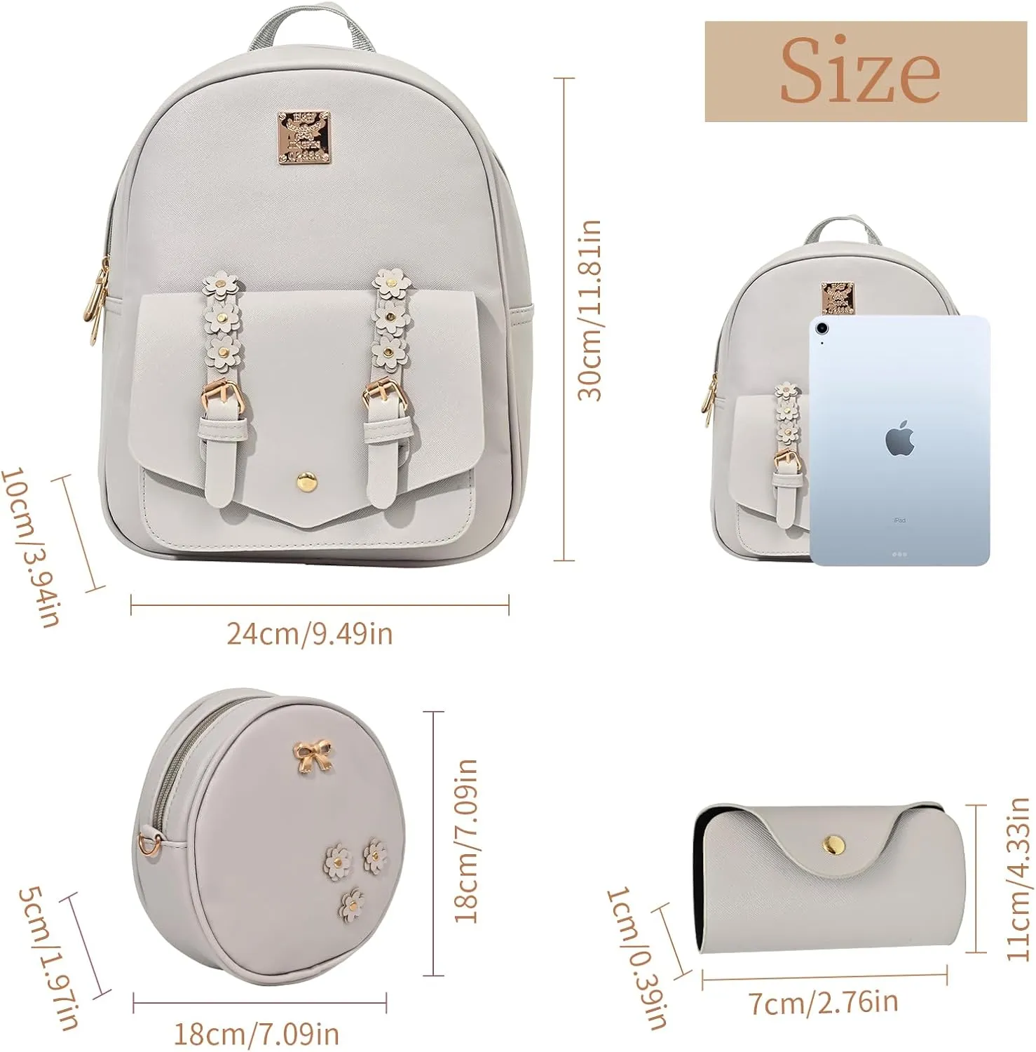Leather Mini Backpack Purse for Women 3-Piece Set Floral Cute Small Casual Travel School Daypacks Little Wallet Bag（Grey）