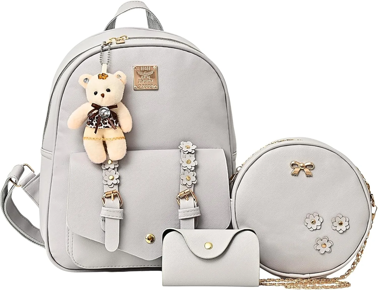 Leather Mini Backpack Purse for Women 3-Piece Set Floral Cute Small Casual Travel School Daypacks Little Wallet Bag（Grey）
