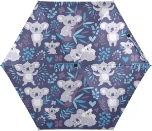 Leaves Cute Koala Bear 5 Folds Travel Umbrella for Rain Sun UV Resistant, Windproof 6 Ribs Lightweight Compact Folding Umbrella for Adults Teens Kids Girls Boys