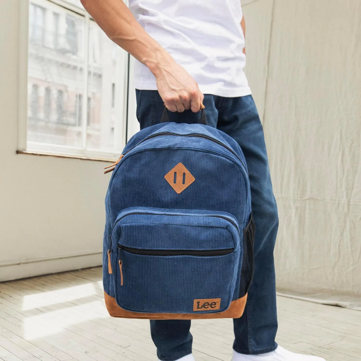 Lee Authentic Jeans Company Study Backpack for Class, Padded Laptop Sleeve Fits 15.6 Inch Notebook (Blue Corduroy)