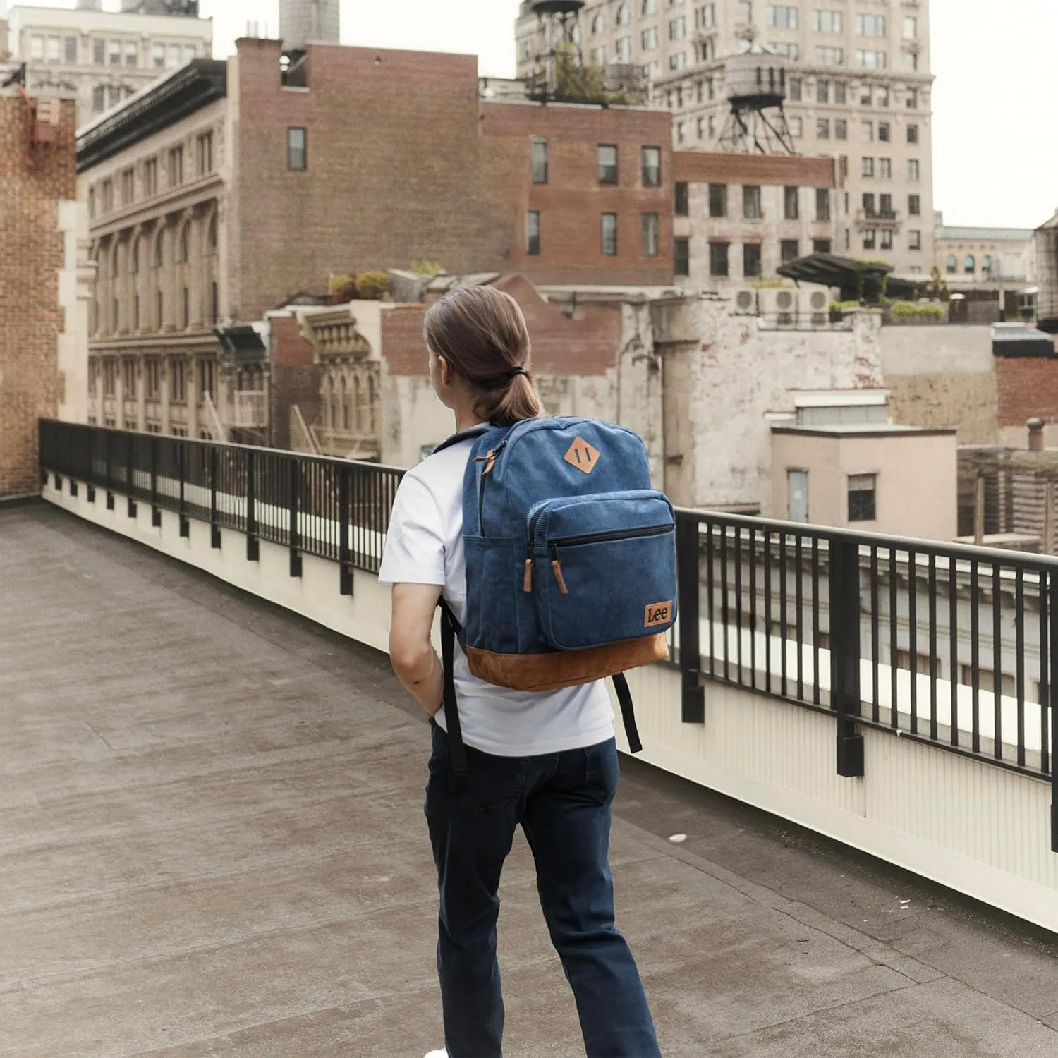 Lee Authentic Jeans Company Study Backpack for Class, Padded Laptop Sleeve Fits 15.6 Inch Notebook (Blue Corduroy)