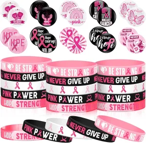 Lenwen 160 Pcs Breast Cancer Awareness Items Breast Cancer Awareness Silicone Wristbands Breast Cancer Pins Pink Ribbon Round Buttons for Charity Recognition, Public Event, Fundraiser, Survivor Party