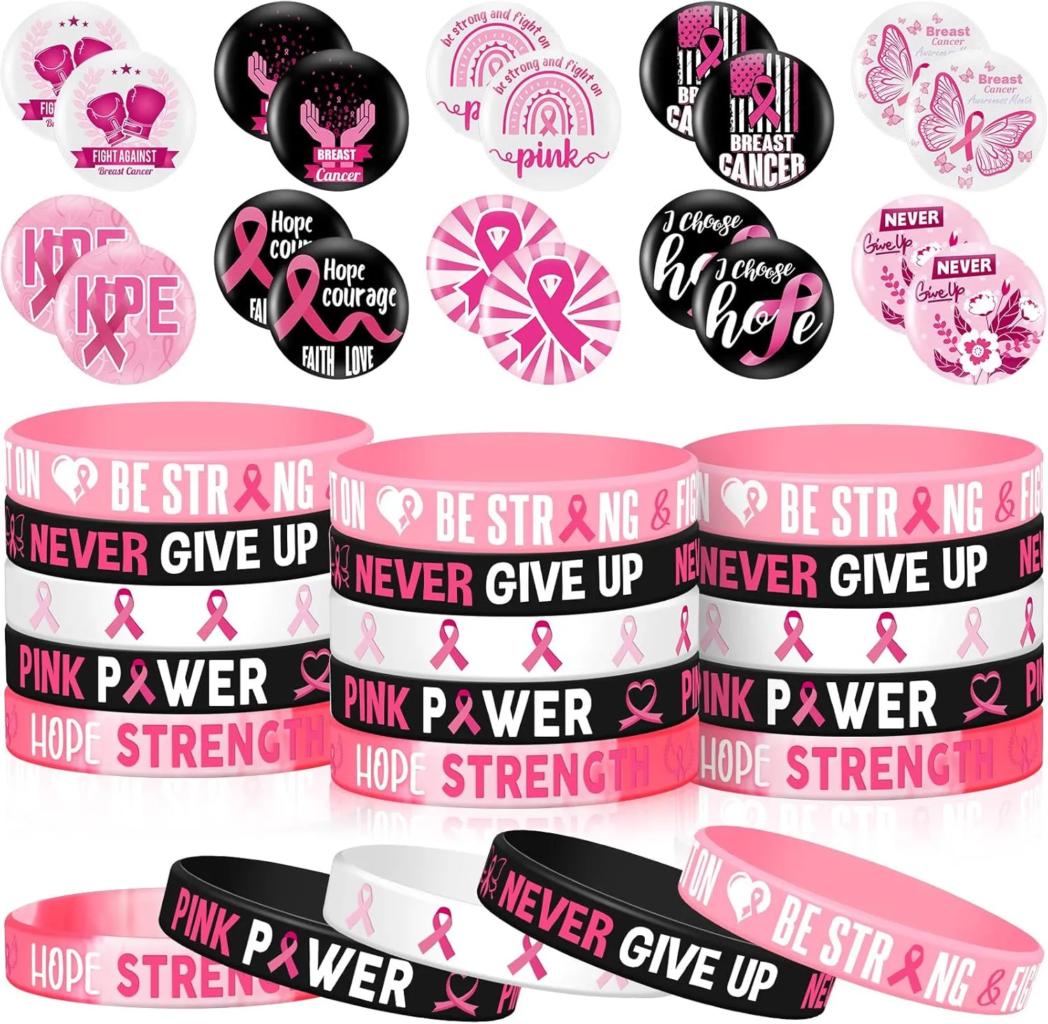 Lenwen 160 Pcs Breast Cancer Awareness Items Breast Cancer Awareness Silicone Wristbands Breast Cancer Pins Pink Ribbon Round Buttons for Charity Recognition, Public Event, Fundraiser, Survivor Party