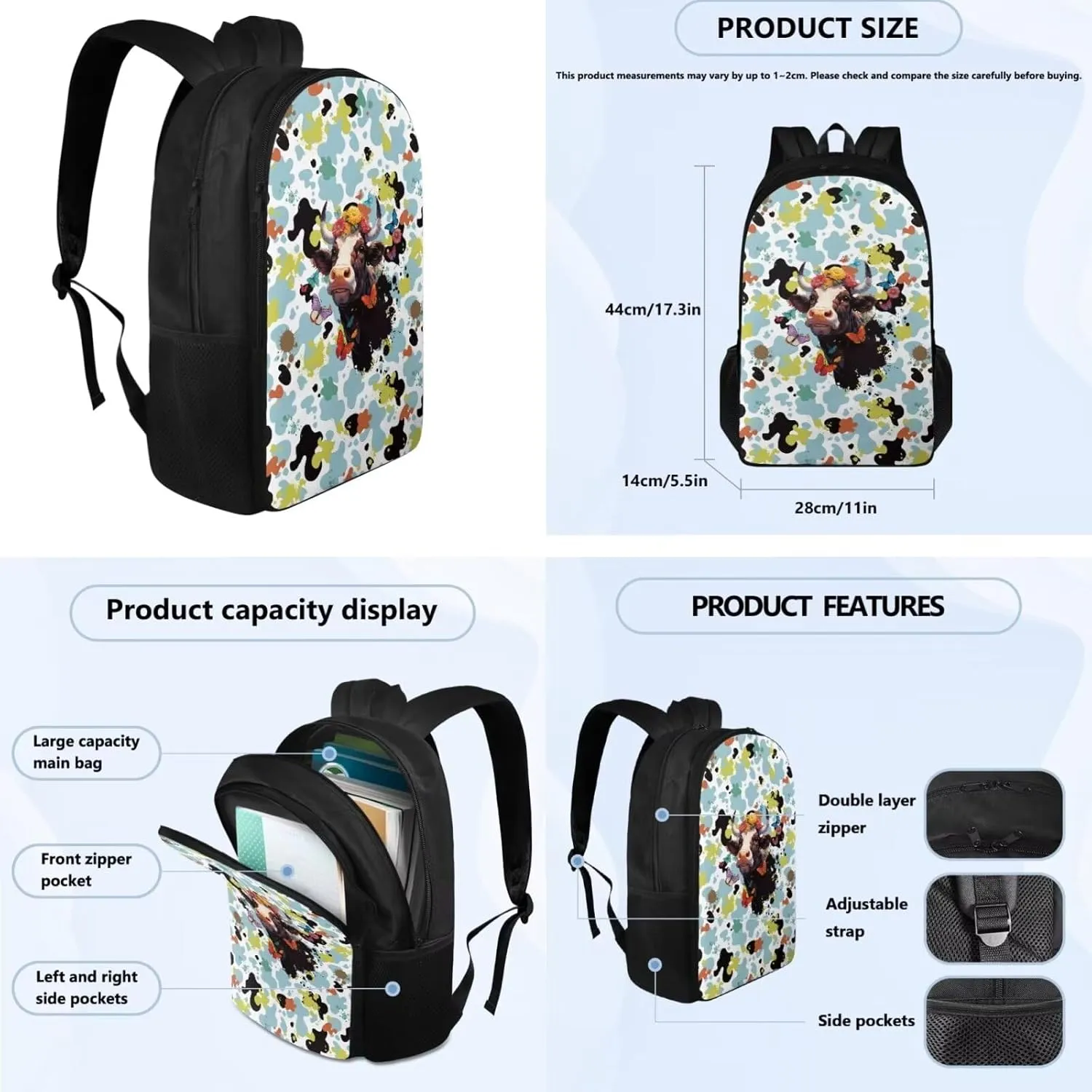 Leopard Cow Backpacks for Teen Girls Lightweight Fashion School Bag for Girl Keep Warm Oil Proof Lunch Bag Teen Girls and Pencil Case for Travel Beach Picnic