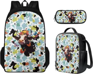 Leopard Cow Backpacks for Teen Girls Lightweight Fashion School Bag for Girl Keep Warm Oil Proof Lunch Bag Teen Girls and Pencil Case for Travel Beach Picnic
