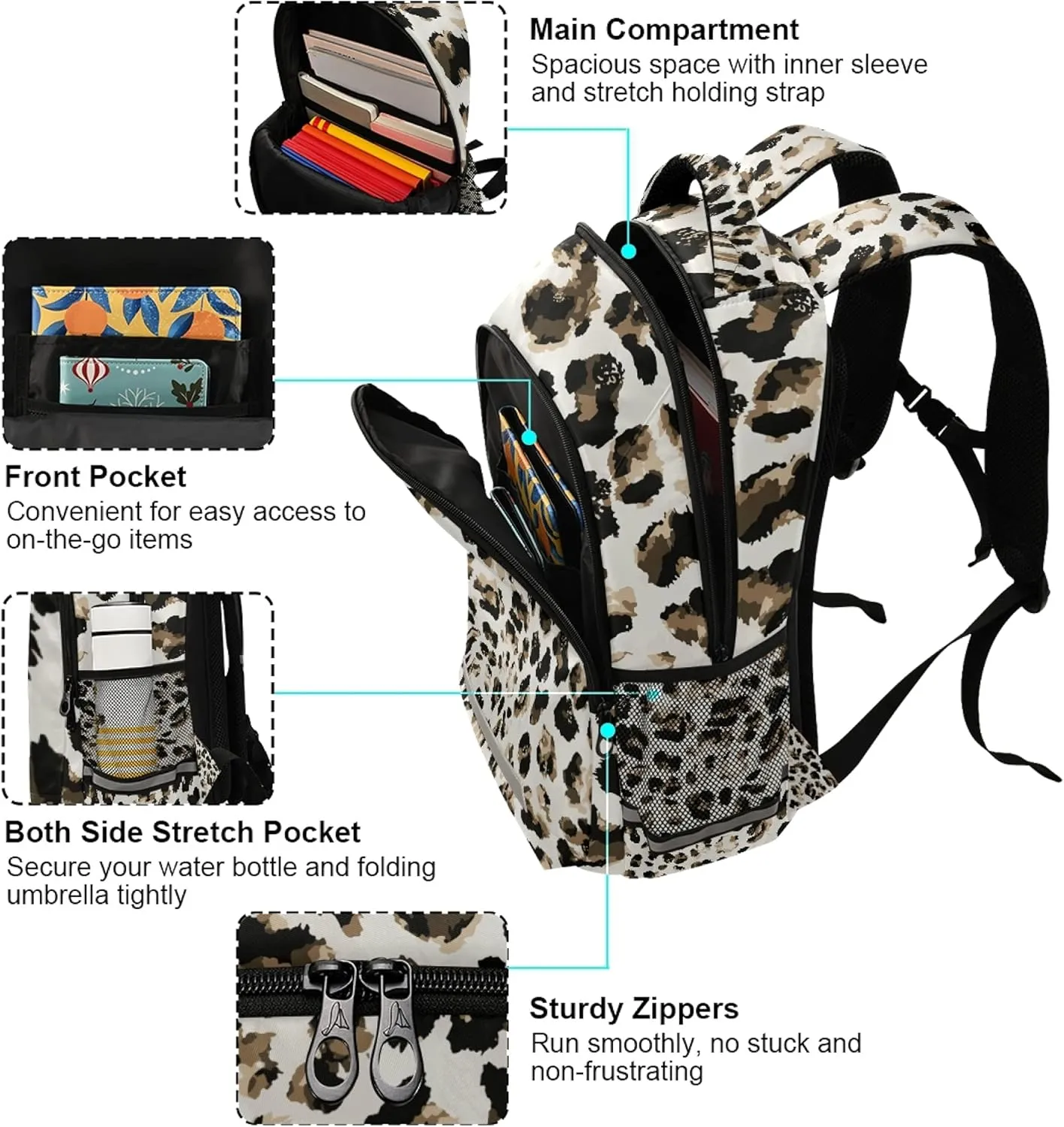 Leopard Print Backpacks Laptop School Book Bag Lightweight Animal Daypack for Men Women Teens Kids