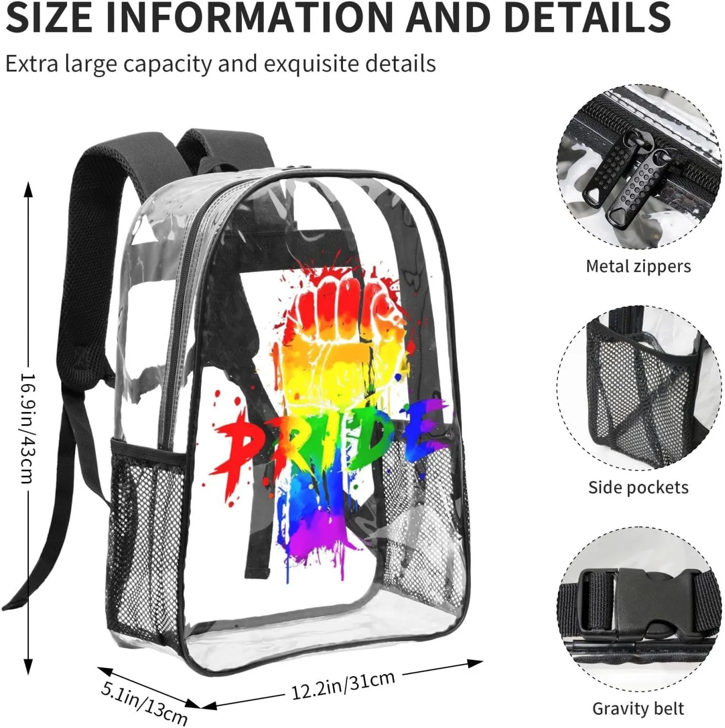 LGBT Pride Rainbow Gay pride day 16 Inch Clear PVC Backpacks Transparent Backpack Multipurpose Double Shoulder Bag for Men Women Gifts