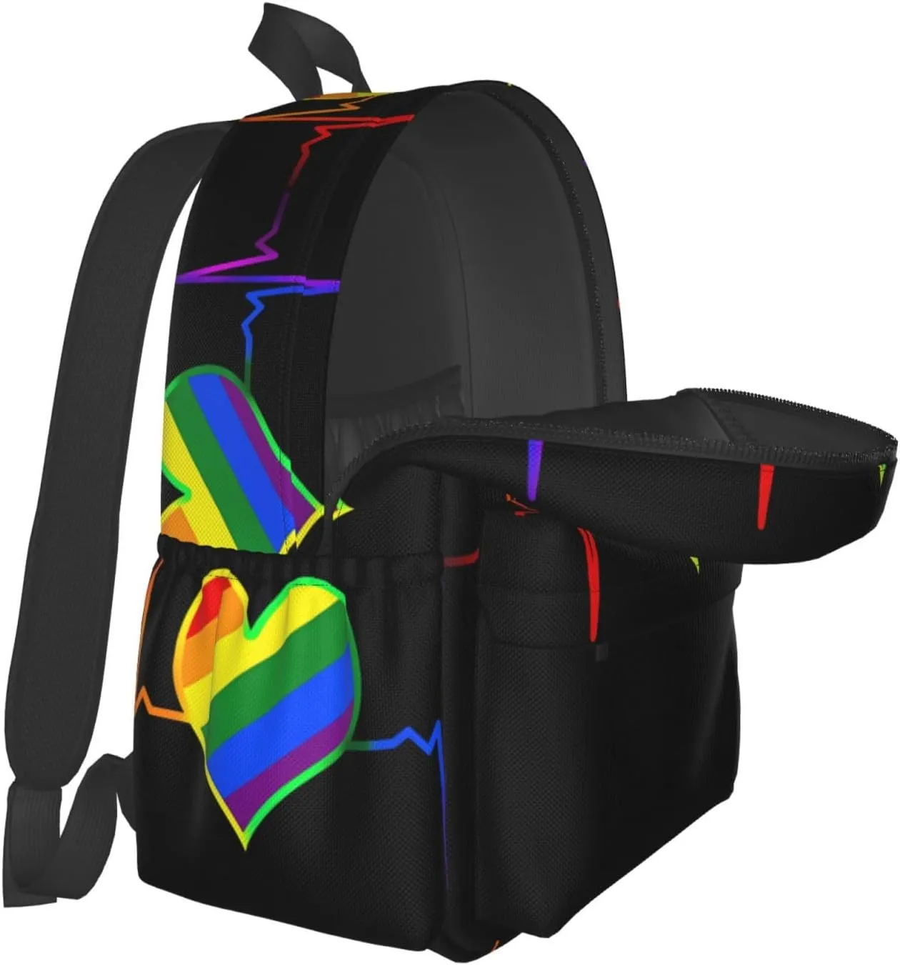 LGBT Rainbow Gay Pride Heart Beat Pulse 17 Inch Casual Backpack Laptop Backpacks Travel Back Pack Large Camping Rucksack Hiking Daypack Lightweight Double Shoulder Bag