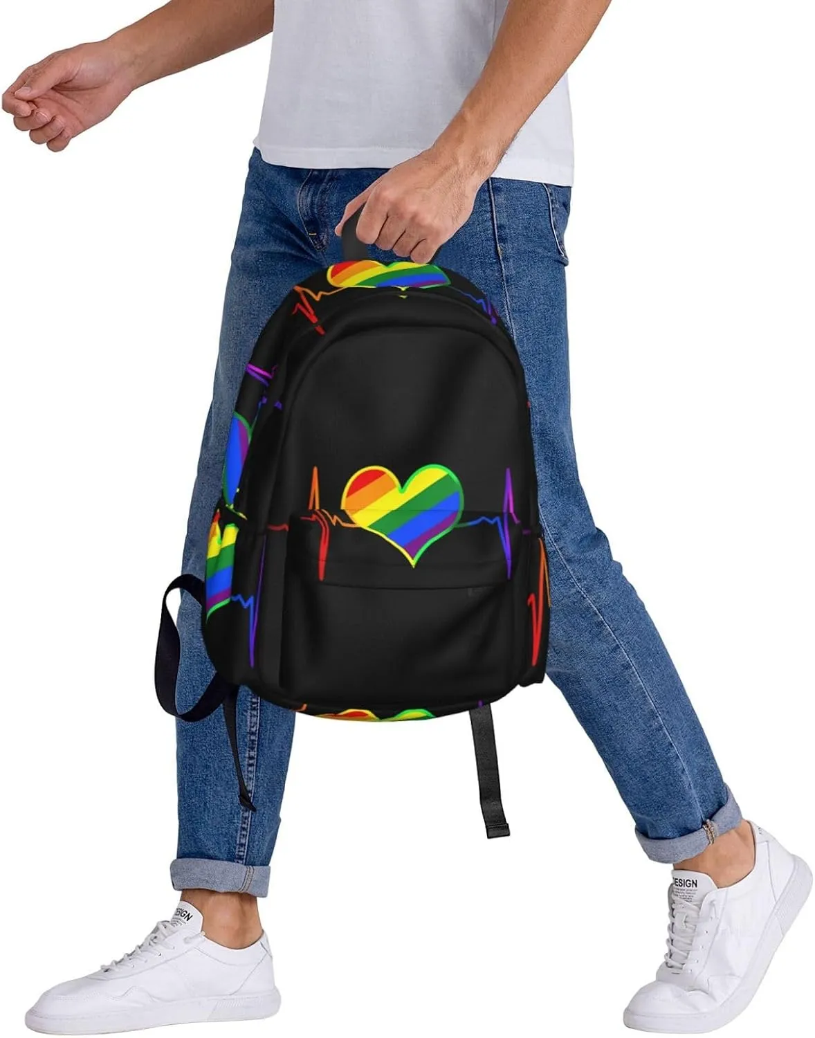 LGBT Rainbow Gay Pride Heart Beat Pulse 17 Inch Casual Backpack Laptop Backpacks Travel Back Pack Large Camping Rucksack Hiking Daypack Lightweight Double Shoulder Bag