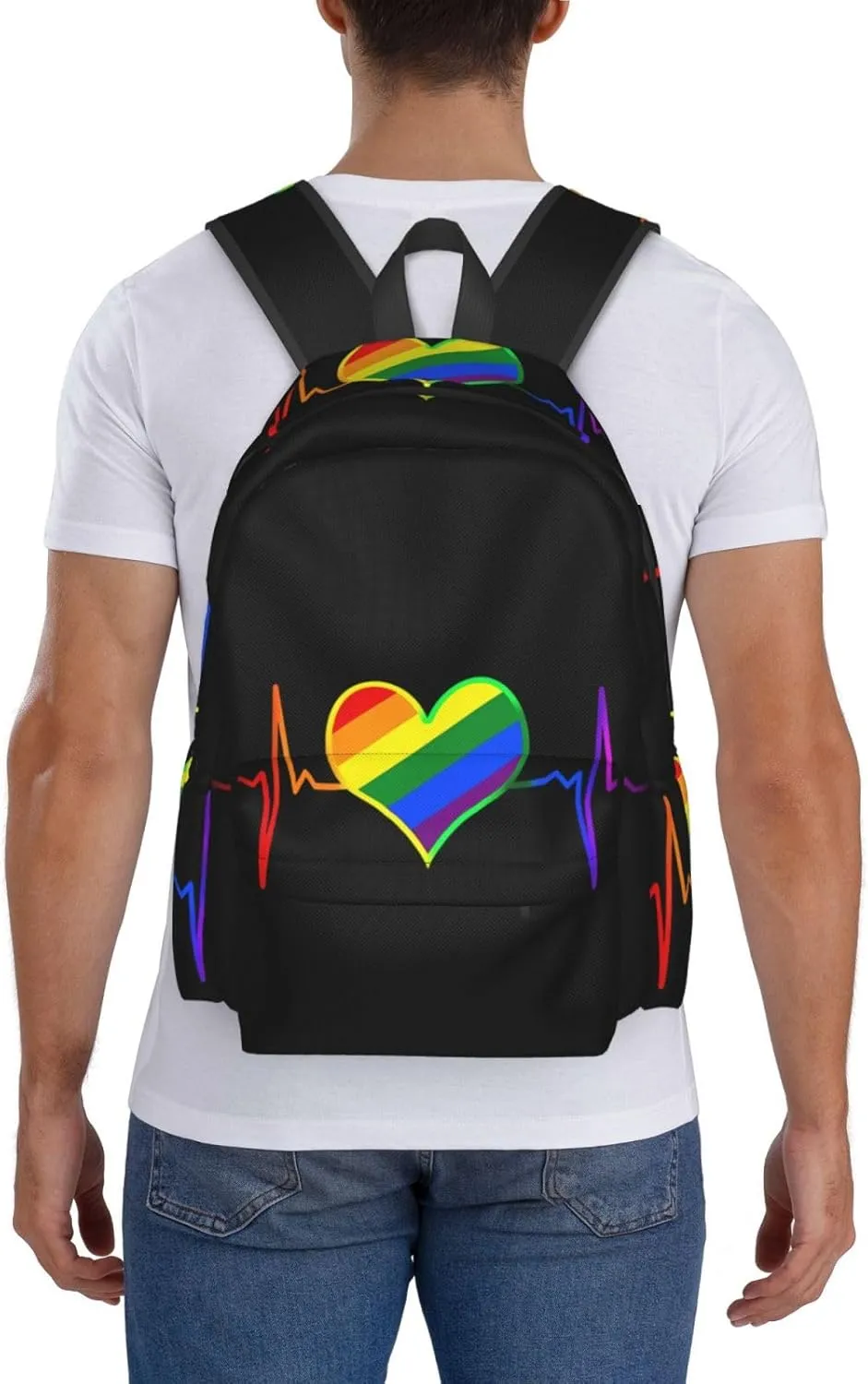 LGBT Rainbow Gay Pride Heart Beat Pulse 17 Inch Casual Backpack Laptop Backpacks Travel Back Pack Large Camping Rucksack Hiking Daypack Lightweight Double Shoulder Bag