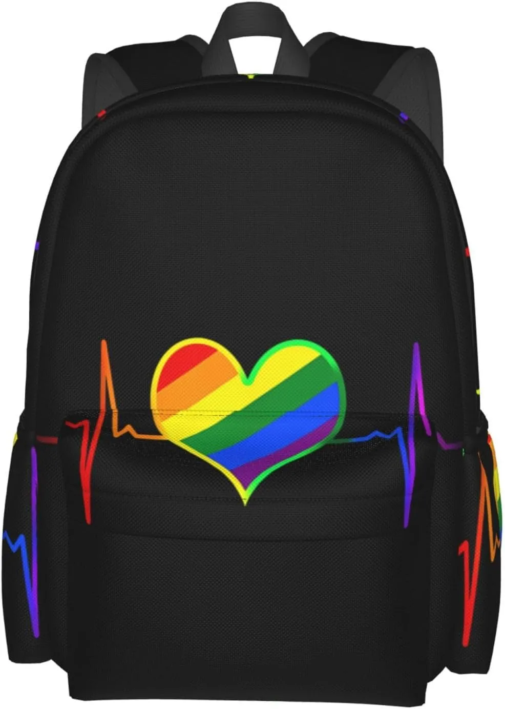 LGBT Rainbow Gay Pride Heart Beat Pulse 17 Inch Casual Backpack Laptop Backpacks Travel Back Pack Large Camping Rucksack Hiking Daypack Lightweight Double Shoulder Bag