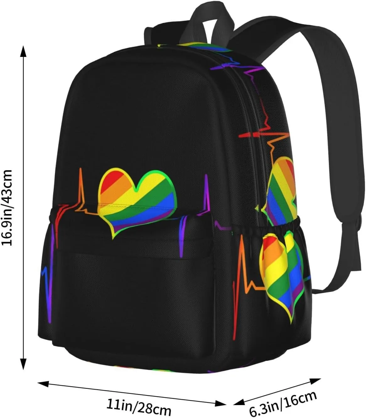 LGBT Rainbow Gay Pride Heart Beat Pulse 17 Inch Casual Backpack Laptop Backpacks Travel Back Pack Large Camping Rucksack Hiking Daypack Lightweight Double Shoulder Bag