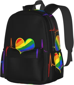 LGBT Rainbow Gay Pride Heart Beat Pulse 17 Inch Casual Backpack Laptop Backpacks Travel Back Pack Large Camping Rucksack Hiking Daypack Lightweight Double Shoulder Bag