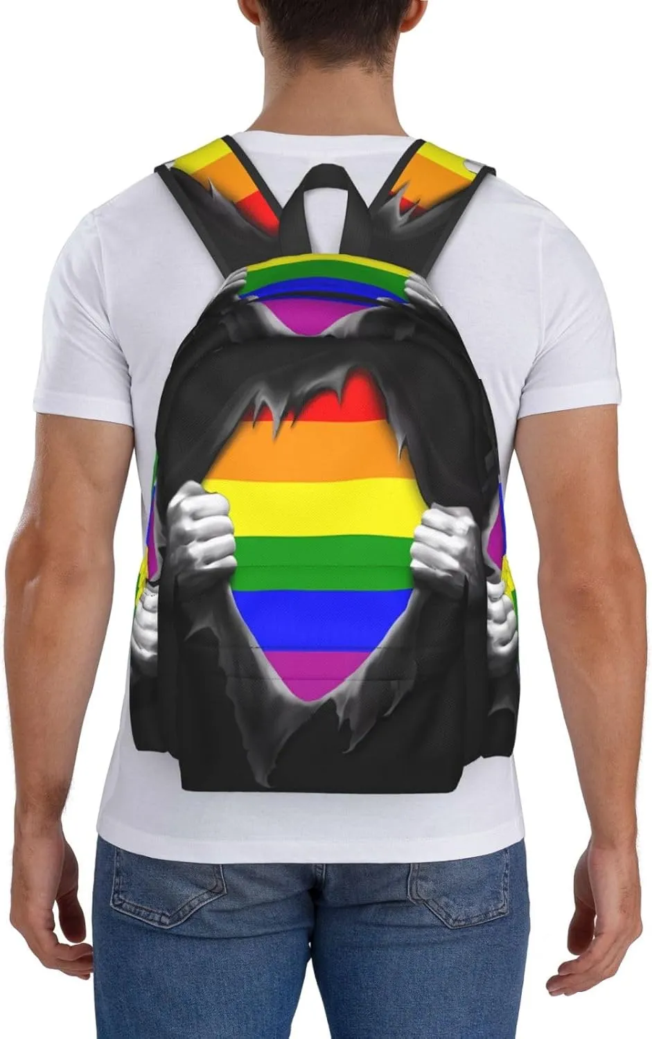 LGBT Rainbow Gay Tear Off Cloth See Pride Flag 17 Inch Casual Backpack Laptop Backpacks Travel Back Pack Large Camping Rucksack Hiking Daypack Lightweight Double Shoulder Bag