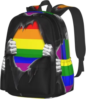 LGBT Rainbow Gay Tear Off Cloth See Pride Flag 17 Inch Casual Backpack Laptop Backpacks Travel Back Pack Large Camping Rucksack Hiking Daypack Lightweight Double Shoulder Bag