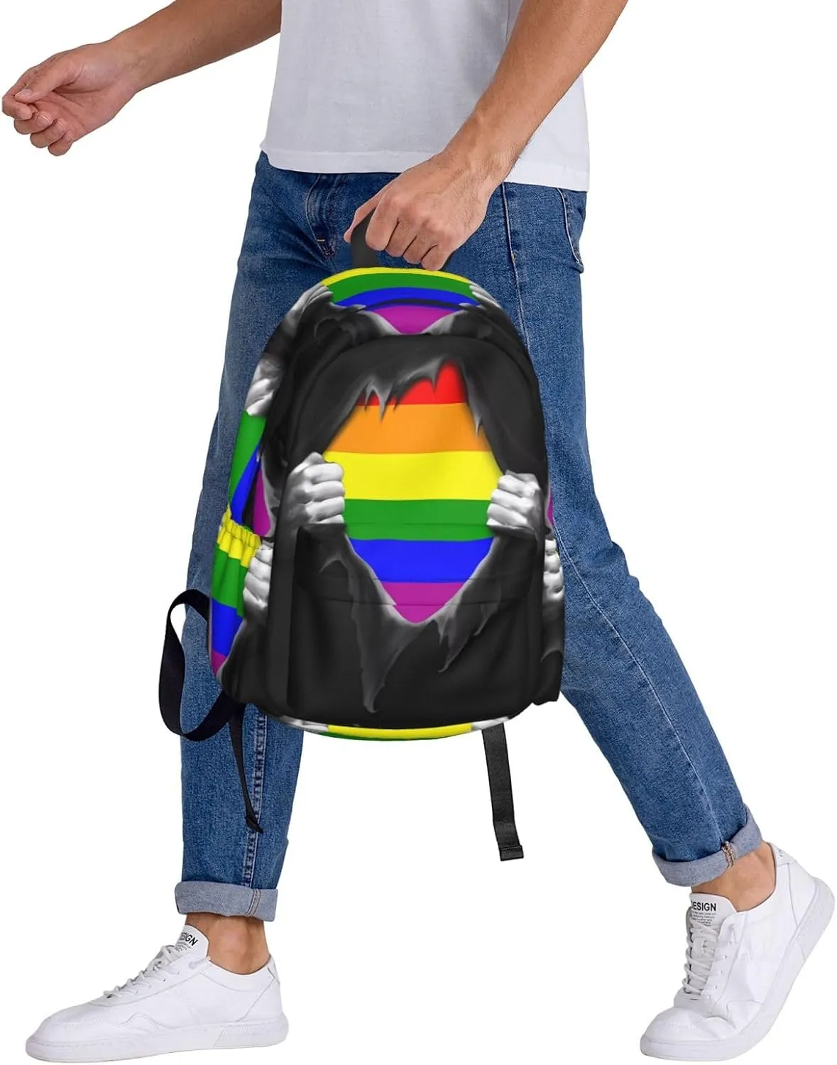 LGBT Rainbow Gay Tear Off Cloth See Pride Flag 17 Inch Casual Backpack Laptop Backpacks Travel Back Pack Large Camping Rucksack Hiking Daypack Lightweight Double Shoulder Bag