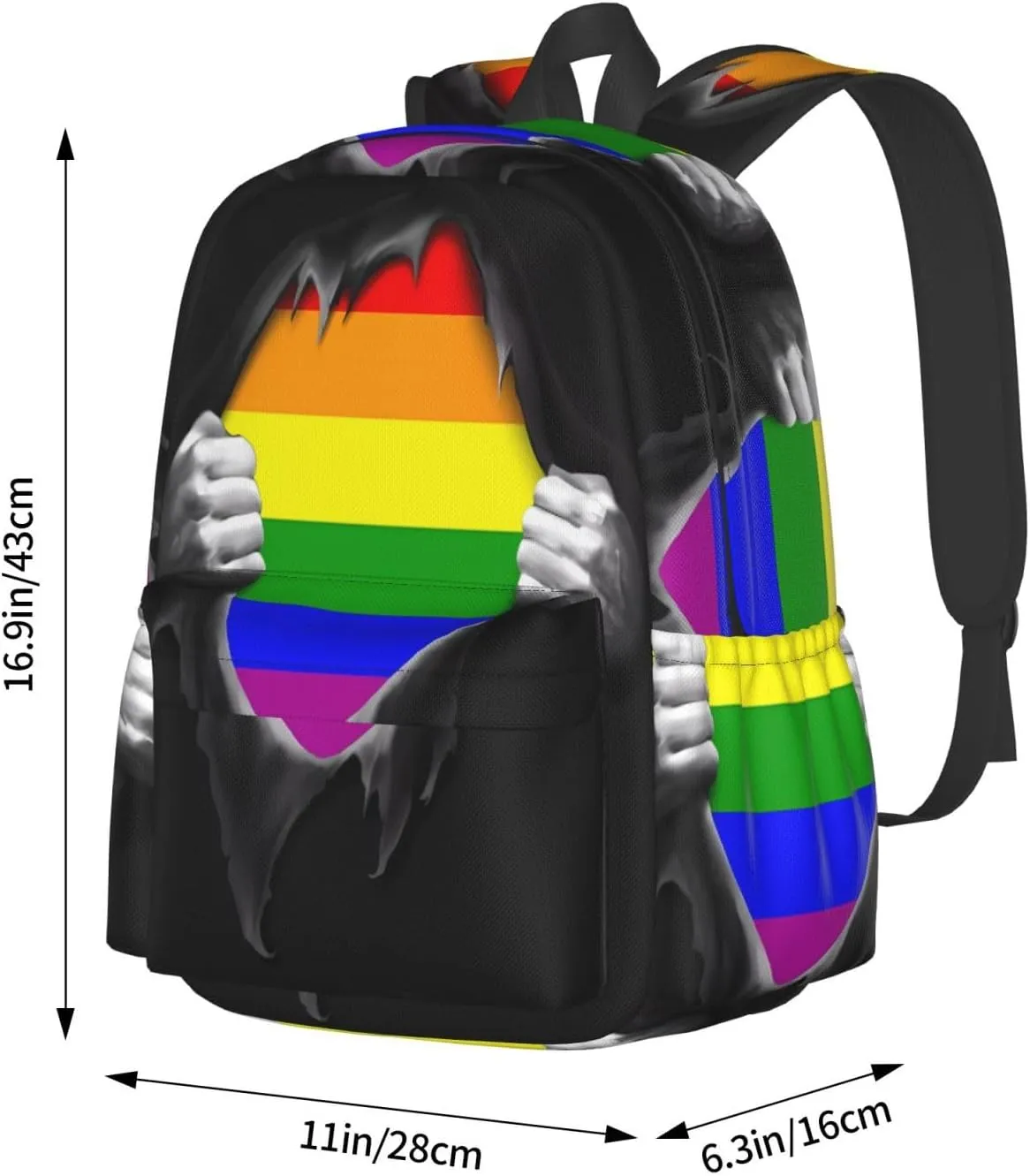 LGBT Rainbow Gay Tear Off Cloth See Pride Flag 17 Inch Casual Backpack Laptop Backpacks Travel Back Pack Large Camping Rucksack Hiking Daypack Lightweight Double Shoulder Bag