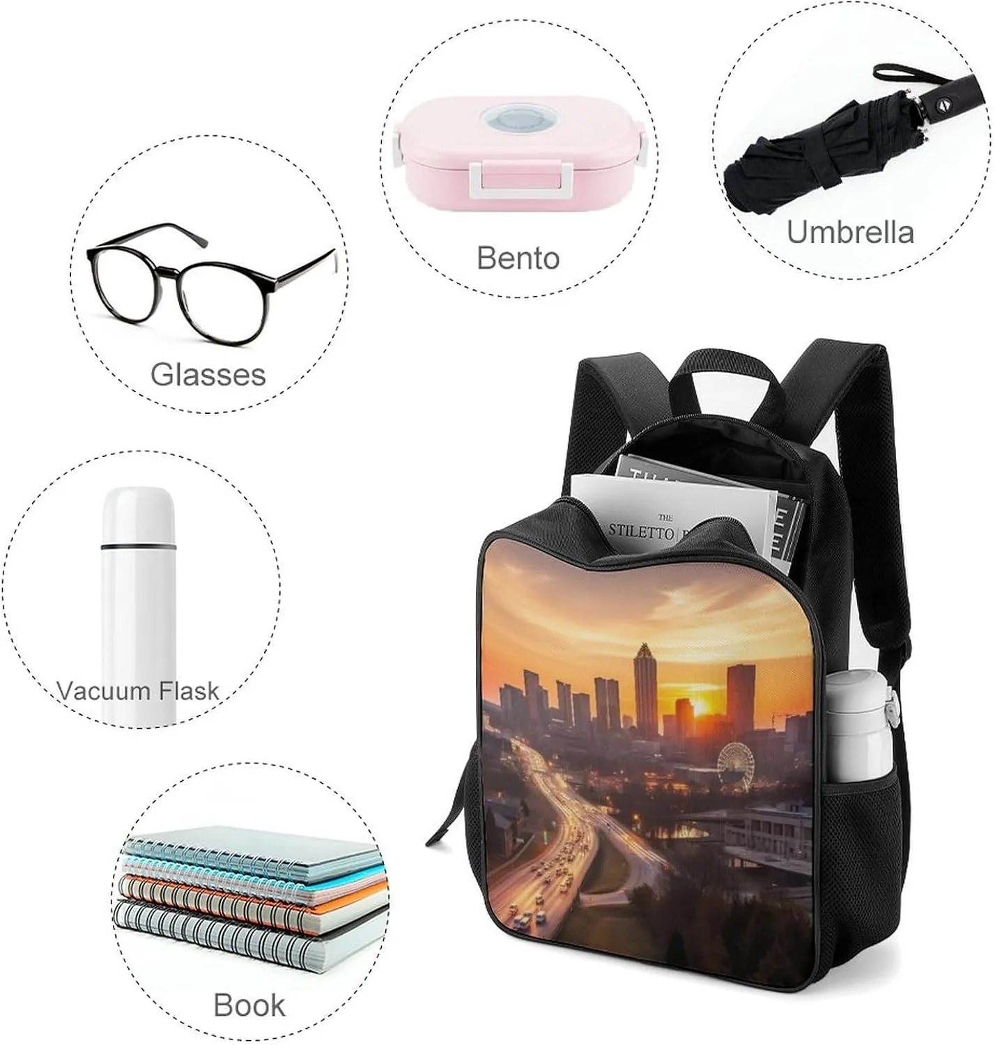Lightweight Backpacks Cute Travel Bag Durable Atlanta City Sunset Landscape Printing Small Travel Backpack For Women & Men