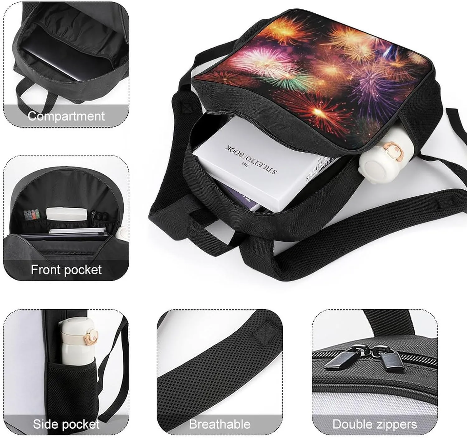 Lightweight Backpacks Cute Travel Bag Durable Beautiful Fireworks Printing Small Travel Backpack For Women & Men