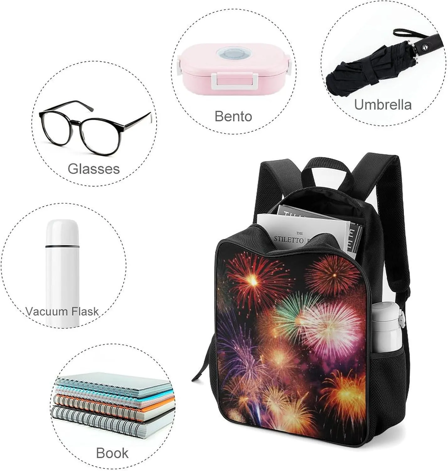 Lightweight Backpacks Cute Travel Bag Durable Beautiful Fireworks Printing Small Travel Backpack For Women & Men