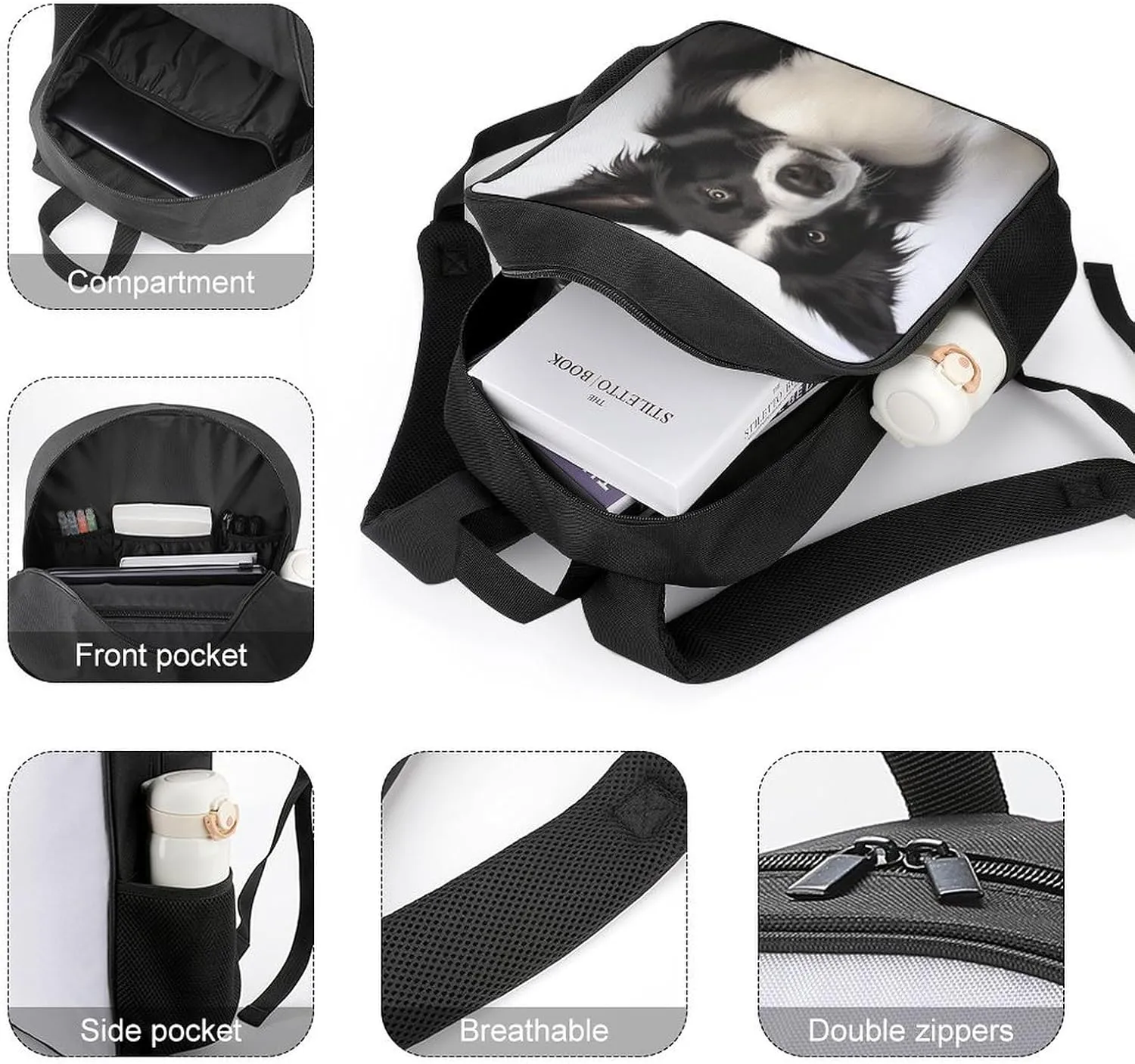 Lightweight Backpacks Cute Travel Bag Durable Border Collie Printing Small Travel Backpack For Women & Men