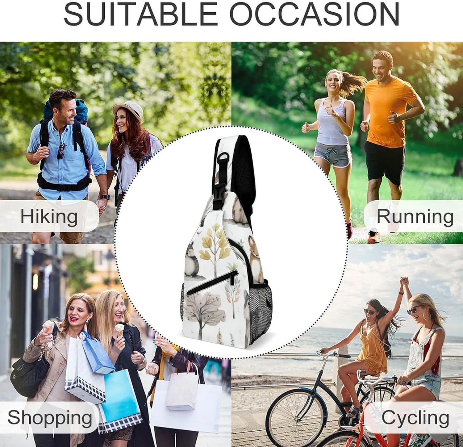 Linear Texture Beige Sling Bag Lightweight Crossbody Chest Pack Travel Shoulder Bag with Adjustable Strap