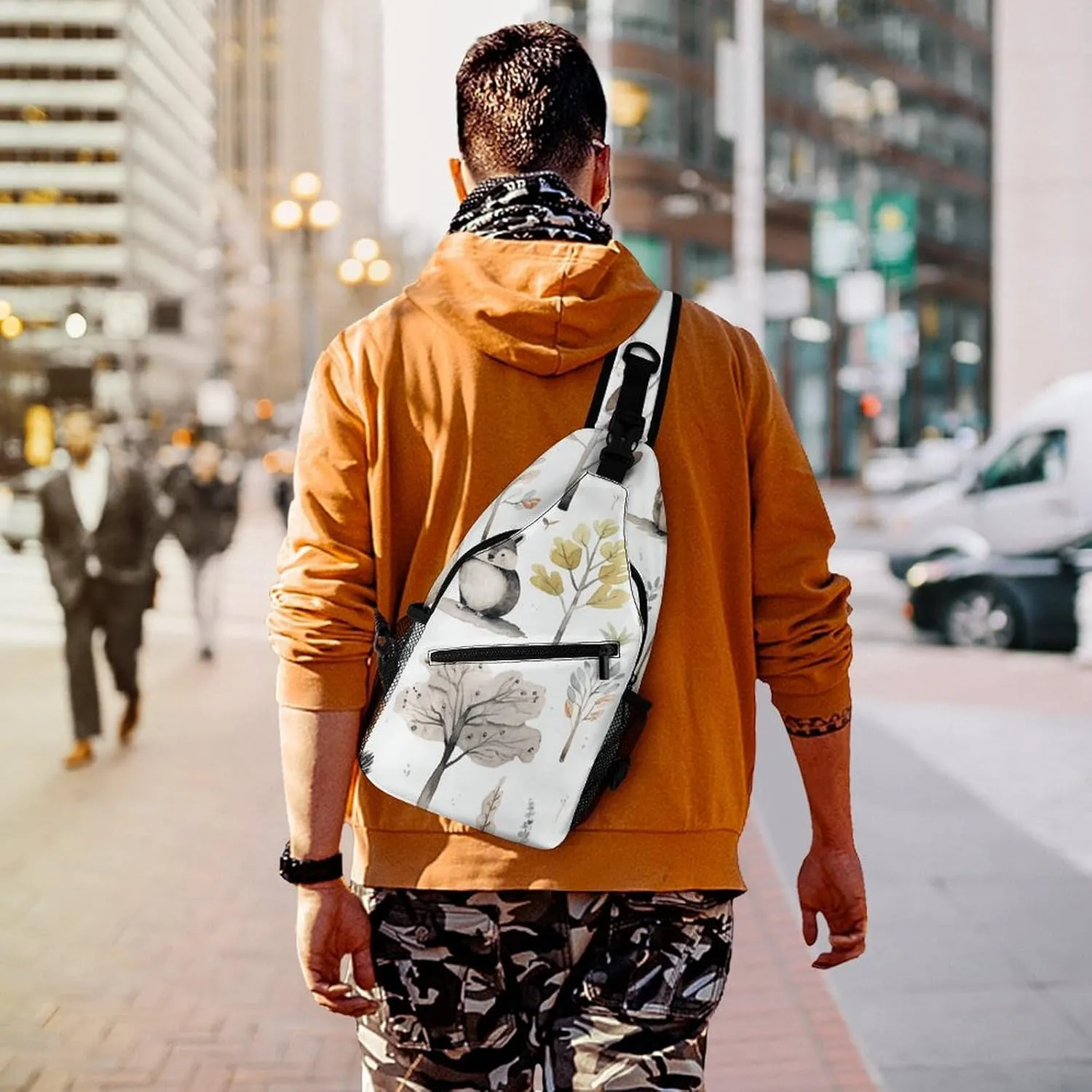 Linear Texture Beige Sling Bag Lightweight Crossbody Chest Pack Travel Shoulder Bag with Adjustable Strap