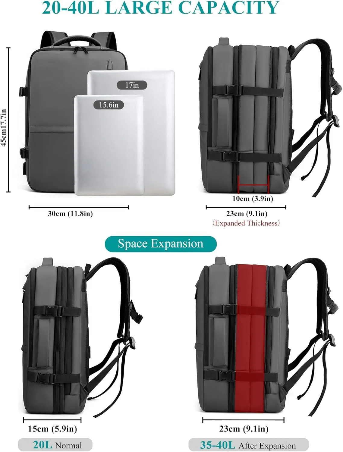 Long Keeper Travel Backpack - Women Men Expandable Waterproof Laptop Backpack Casual Carry On Bag With USB Charging Port (Grey)