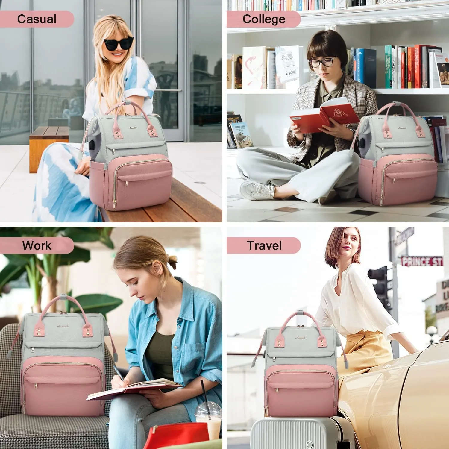 LOVEVOOK Laptop Backpack Purse for Women, Fashion Work Travel Bags, Business Computer Backpacks, Doctor Nurse Backpack with USB Port, fits 15.6-Inch Laptop, Light Grey-Pink