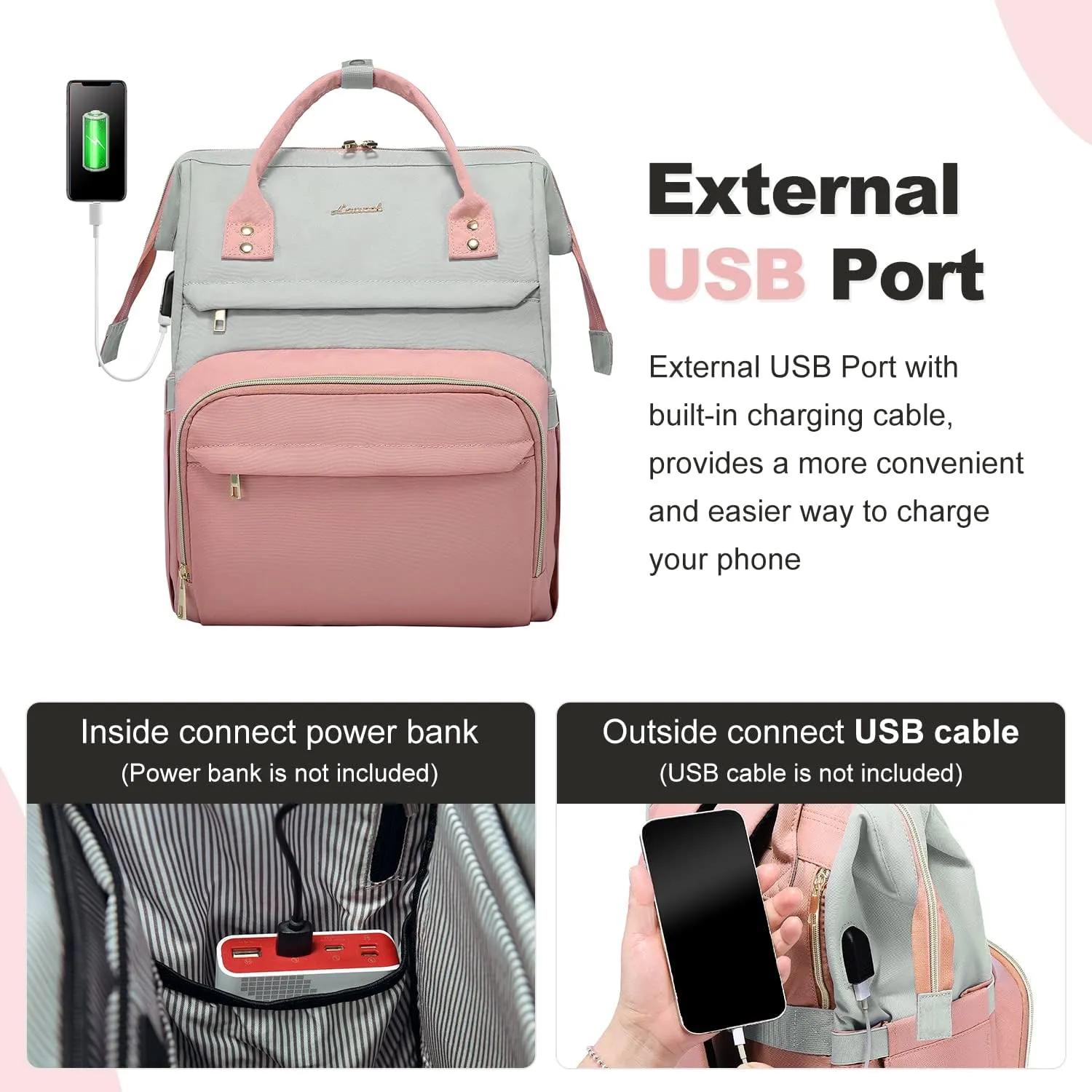 LOVEVOOK Laptop Backpack Purse for Women, Fashion Work Travel Bags, Business Computer Backpacks, Doctor Nurse Backpack with USB Port, fits 15.6-Inch Laptop, Light Grey-Pink