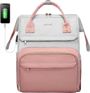 LOVEVOOK Laptop Backpack Purse for Women, Fashion Work Travel Bags, Business Computer Backpacks, Doctor Nurse Backpack with USB Port, fits 15.6-Inch Laptop, Light Grey-Pink