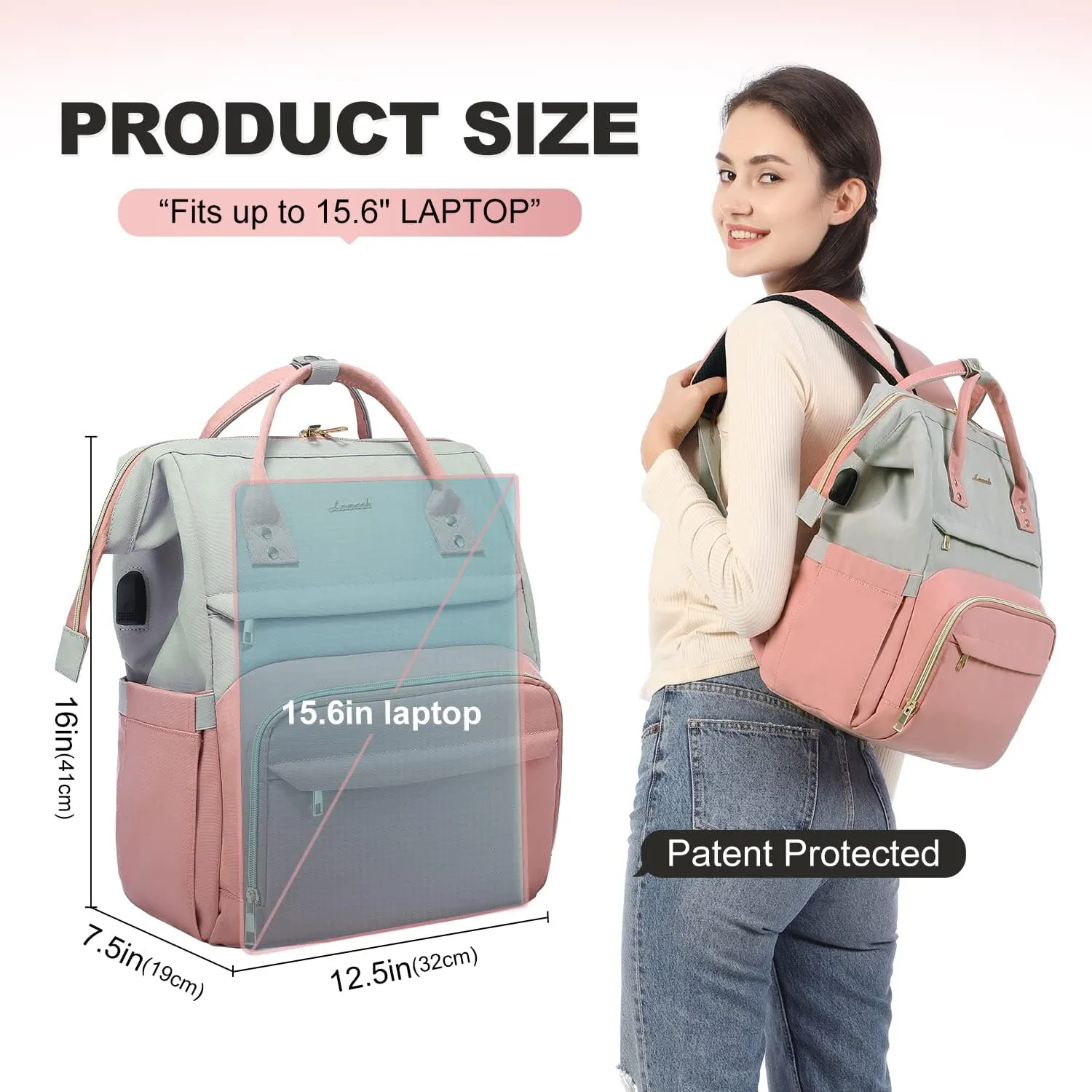 LOVEVOOK Laptop Backpack Purse for Women, Fashion Work Travel Bags, Business Computer Backpacks, Doctor Nurse Backpack with USB Port, fits 15.6-Inch Laptop, Light Grey-Pink