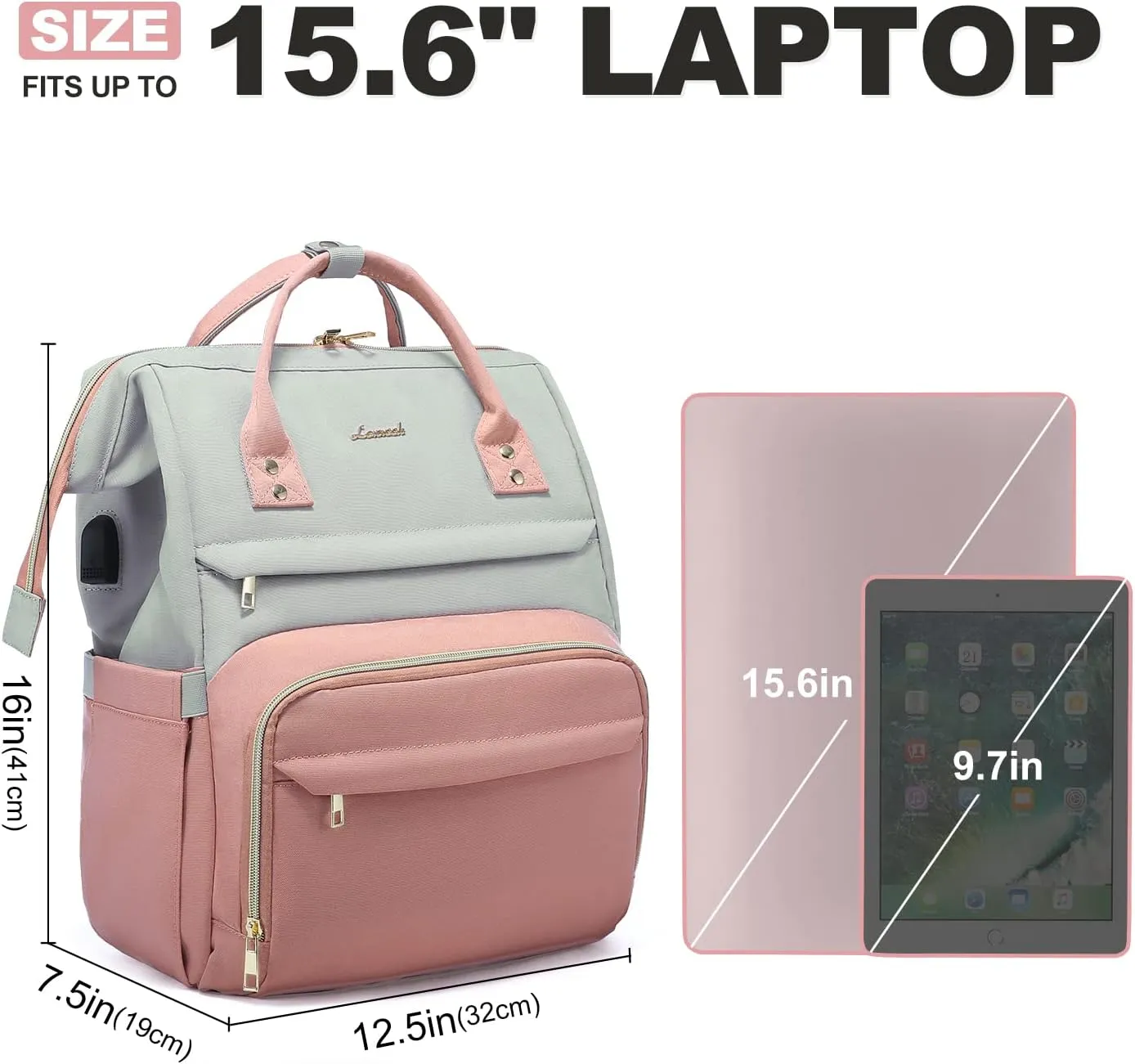 LOVEVOOK Laptop Backpack Purse for Women, Fashion Work Travel Bags, Business Computer Backpacks, Doctor Nurse Backpack with USB Port, fits 15.6-Inch Laptop, Light Grey-Pink