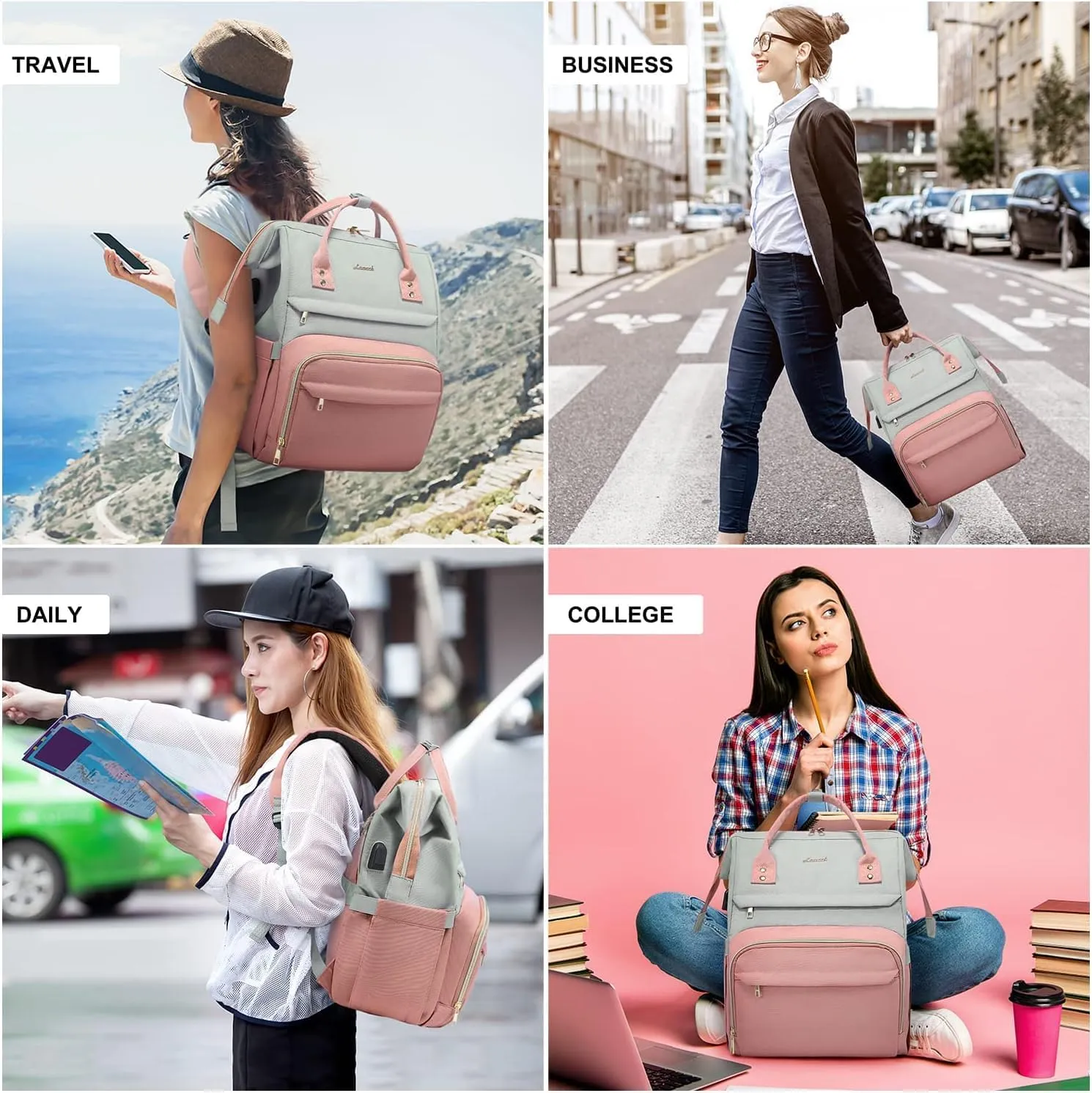 LOVEVOOK Laptop Backpack Purse for Women, Fashion Work Travel Bags, Business Computer Backpacks, Doctor Nurse Backpack with USB Port, fits 15.6-Inch Laptop, Light Grey-Pink