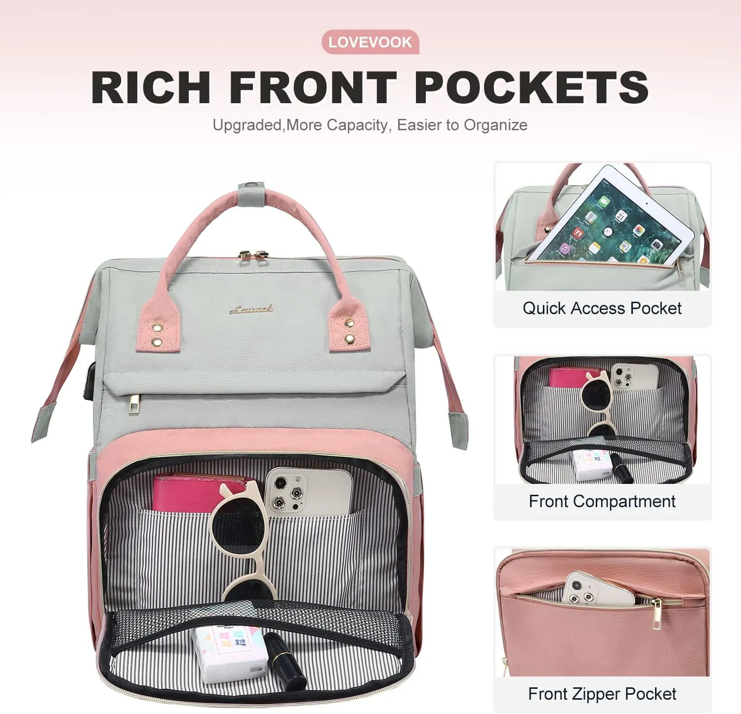 LOVEVOOK Laptop Backpack Purse for Women, Fashion Work Travel Bags, Business Computer Backpacks, Doctor Nurse Backpack with USB Port, fits 15.6-Inch Laptop, Light Grey-Pink