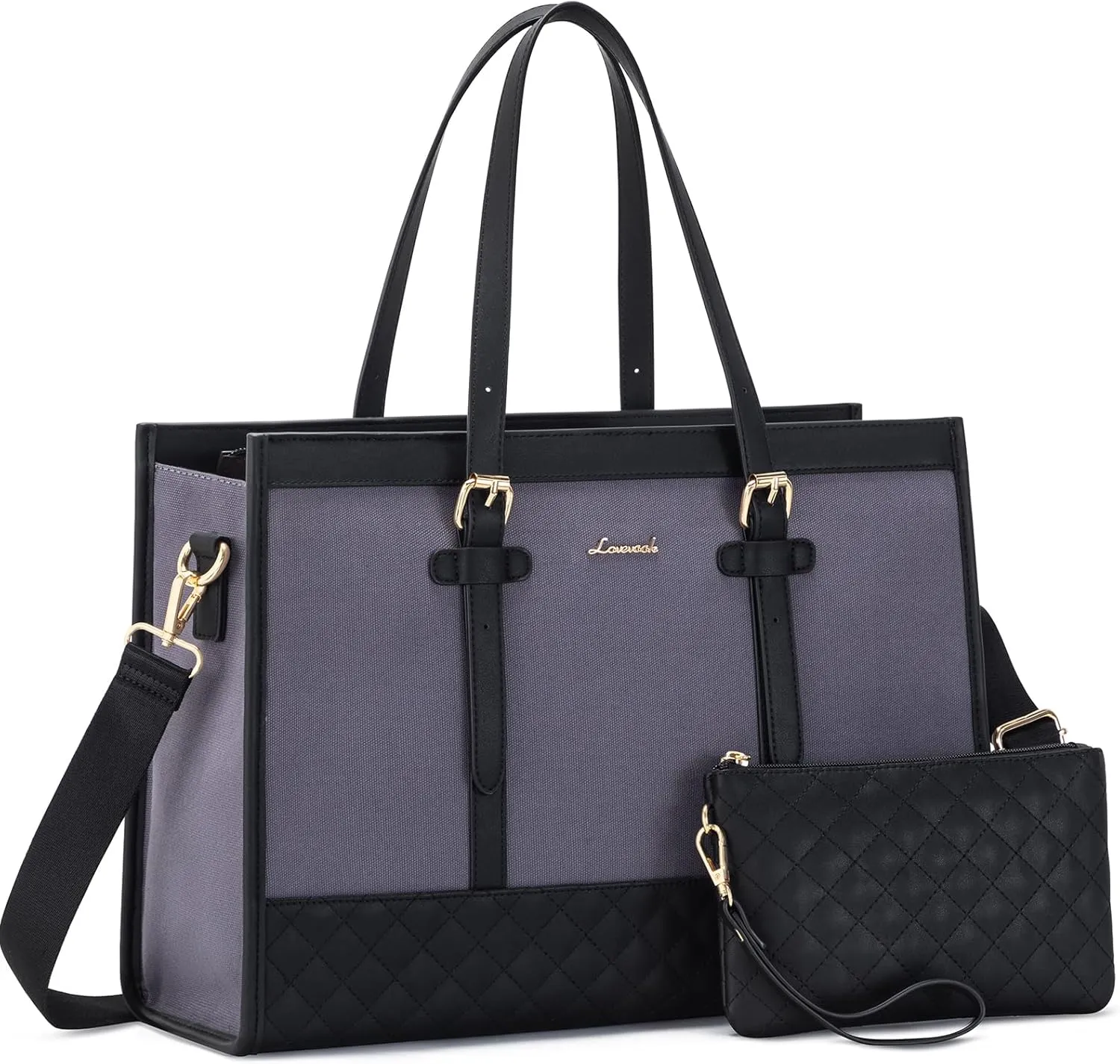 LOVEVOOK Laptop Bag for Women, 15.6 inch Canvas Tote, Large Capacity Work Bag with Clutch Purse, Computer Office Business Briefcase, Casual Handbag for Travel, College, Teacher, School