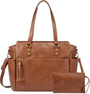 LOVEVOOK Laptop Tote Bag for Women 15.6 Inch Vintage Leather Work Laptop Bag with Clutch Purse, Large Capacity Computer Briefcase Teacher Bag for Casual Office Travel