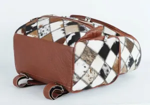 LP-FACON Western Brown Patchwork Cowhide Leather Backpack - Everyday Travel Backpack - Genuine Leather Cow Print Diaper Bag