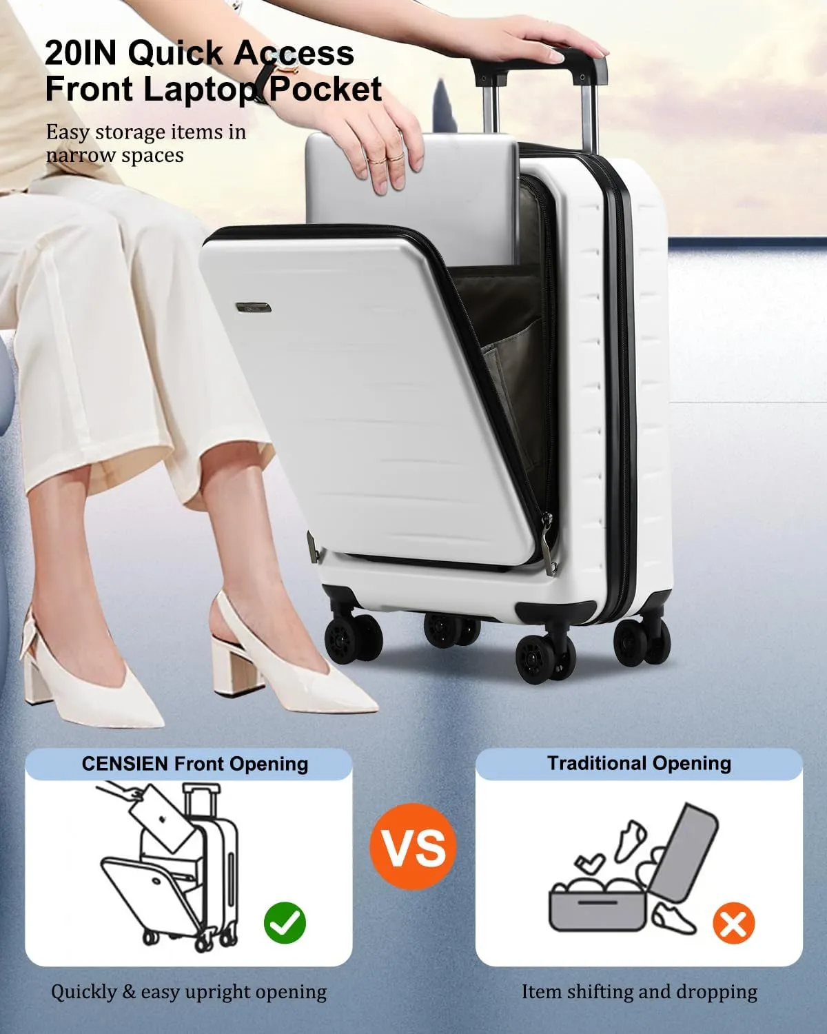 Luggage Sets 2 Pieces, 20 Inch Carry On Luggage and Expandable 28 Inch Checked Luggage with Spinner Wheels, Lightweight ABS PC Hard Shell Suitcase with Front Opening, TSA Lock (White, 20/28)