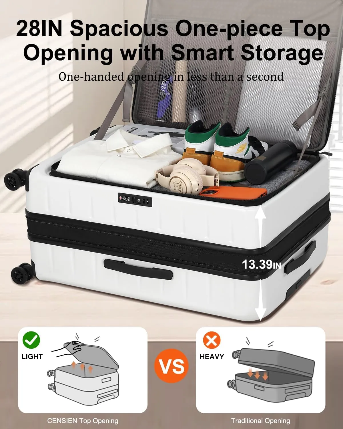 Luggage Sets 2 Pieces, 20 Inch Carry On Luggage and Expandable 28 Inch Checked Luggage with Spinner Wheels, Lightweight ABS PC Hard Shell Suitcase with Front Opening, TSA Lock (White, 20/28)