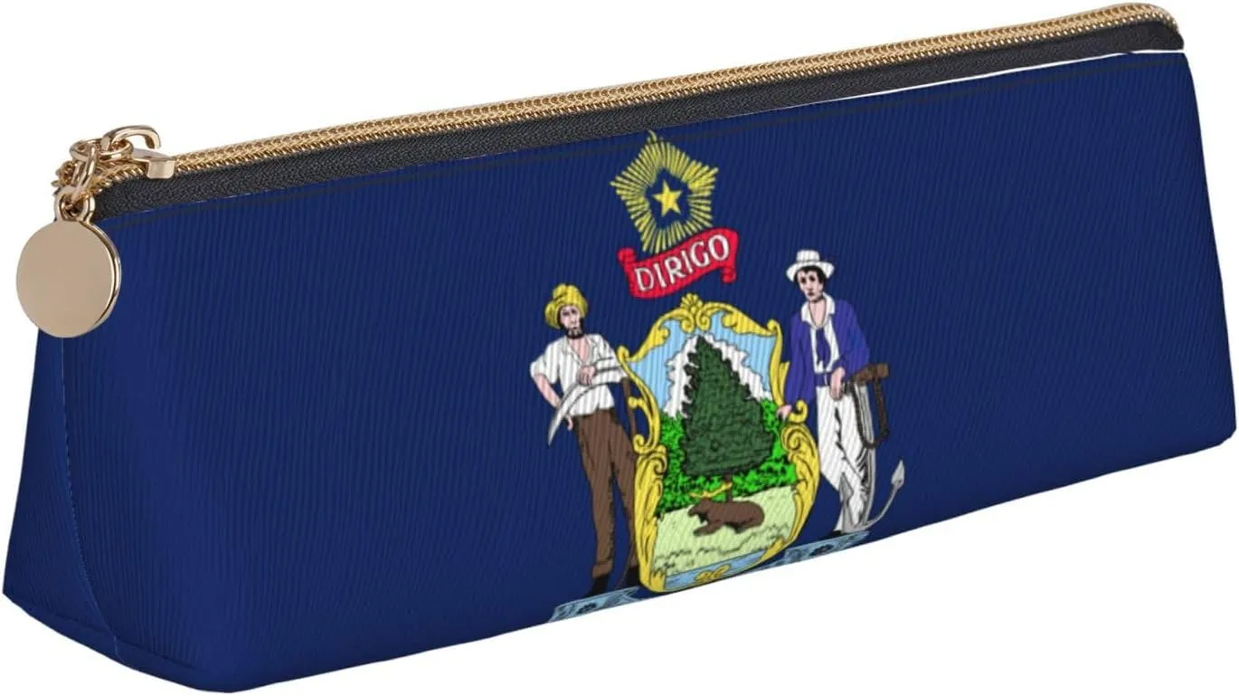 Maine State Flag Print Practical Pencil Case Triangle Zippered Pen Pouch Writing Tools Daily Essentials