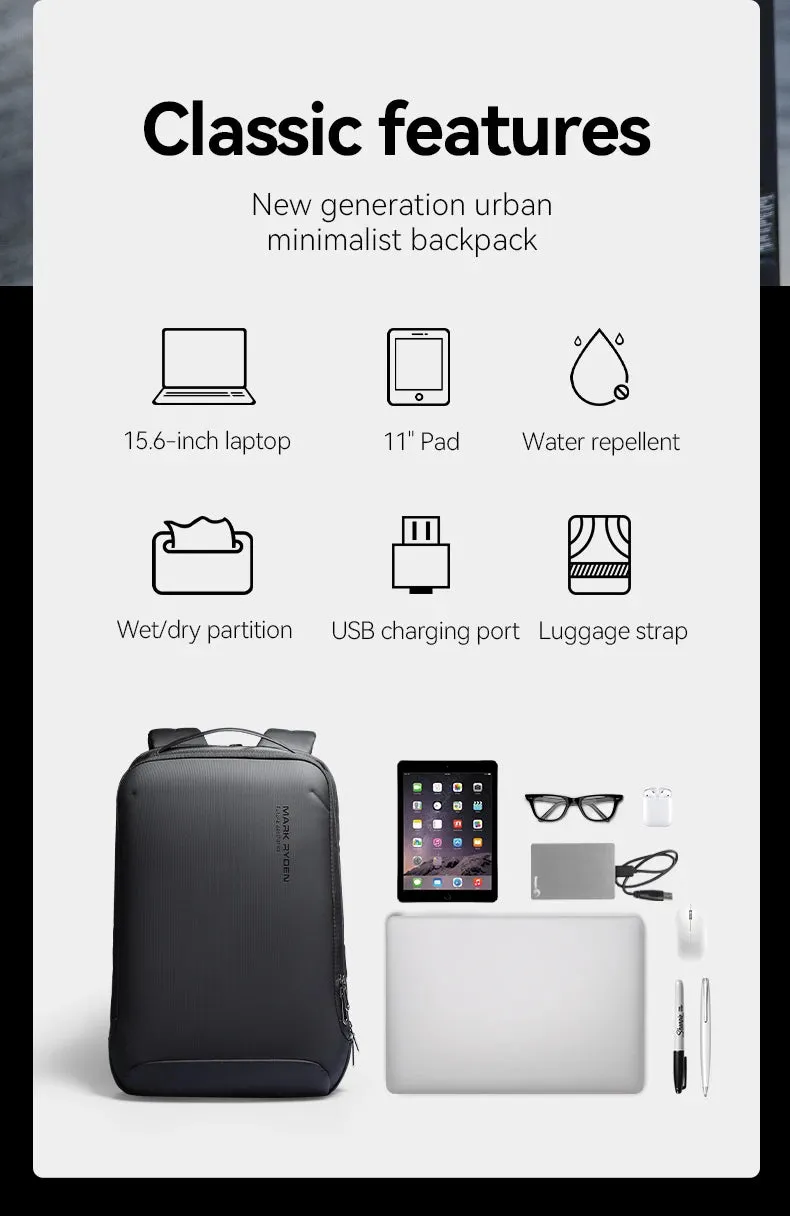 MARK RYDEN Slim Laptop Backpack for Men Business Minimalist Backpack YKK Zipper Scratch Resistant With USB
