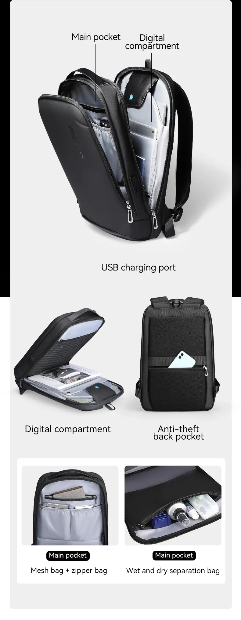MARK RYDEN Slim Laptop Backpack for Men Business Minimalist Backpack YKK Zipper Scratch Resistant With USB