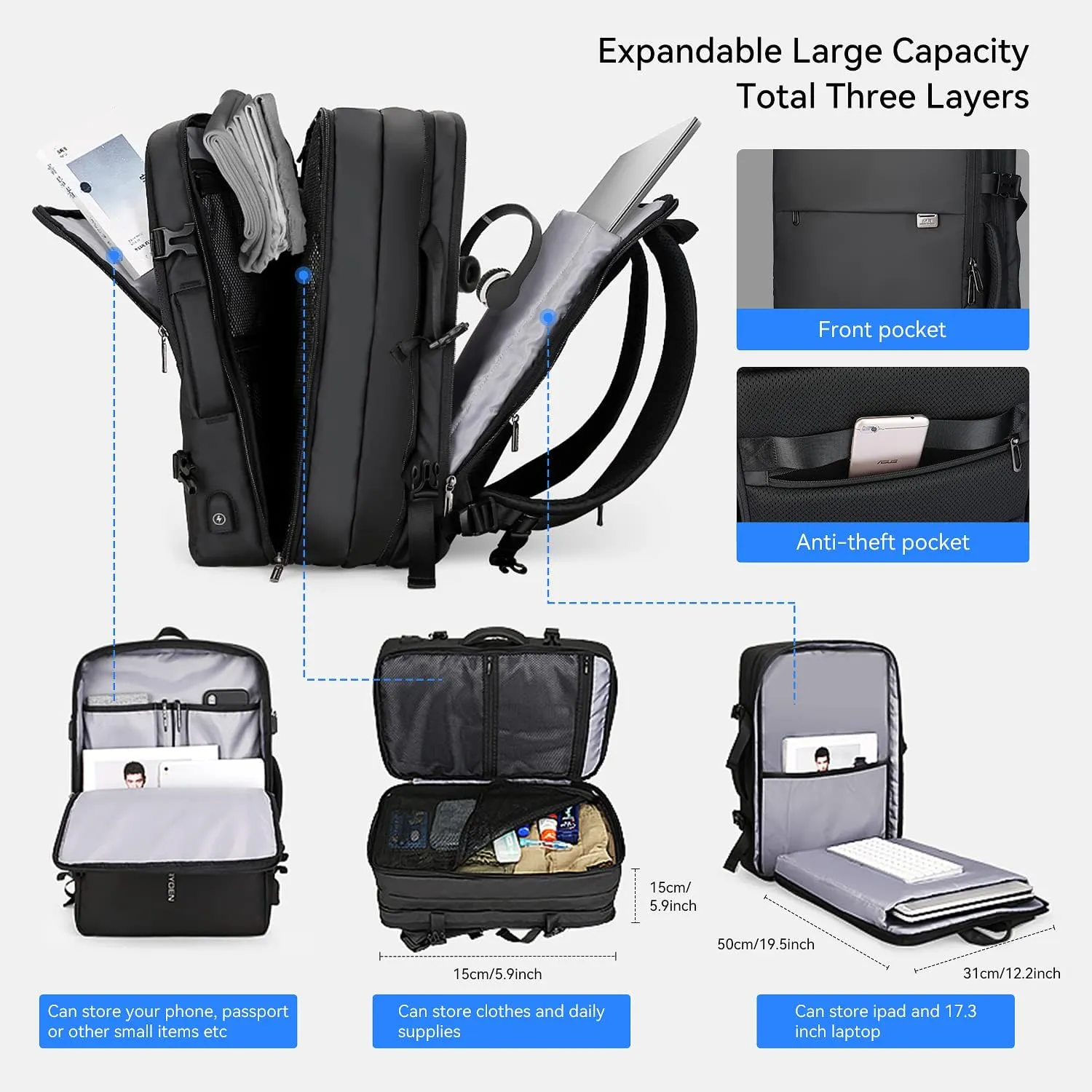 MARK RYDEN Travel Backpack for Men, 40L Airline Approved Carry on Backpack with USB Charging Port, 17.3 Inch Waterproof Business Laptop Backpack (12.6 x 8.0 x 19.6 Inch)