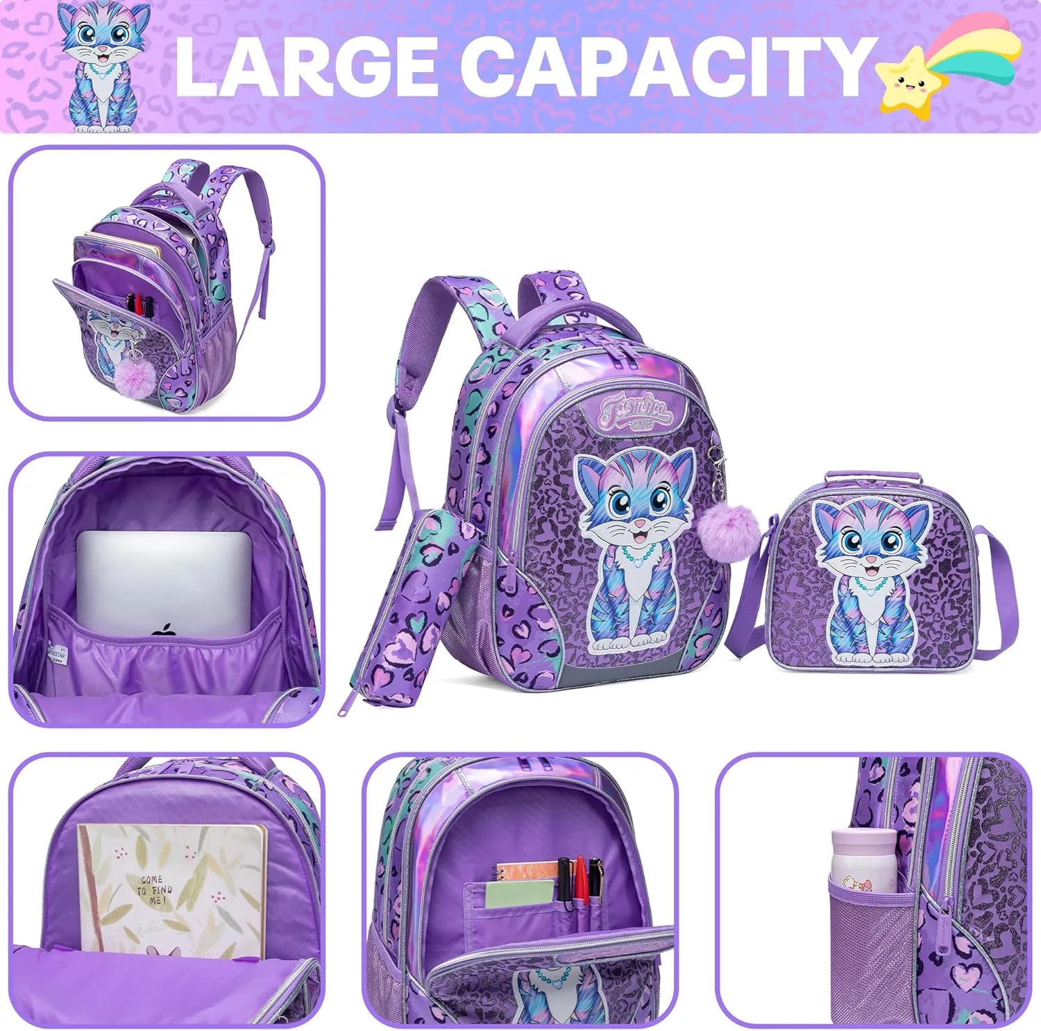 Meetbelify Backpacks for Girls School Bag Cute Girls Backpacks Ages 8-10 with Lunch Box Kids Bookbag Set Travel Backpack for Preschool Kindergarten Elementary Students