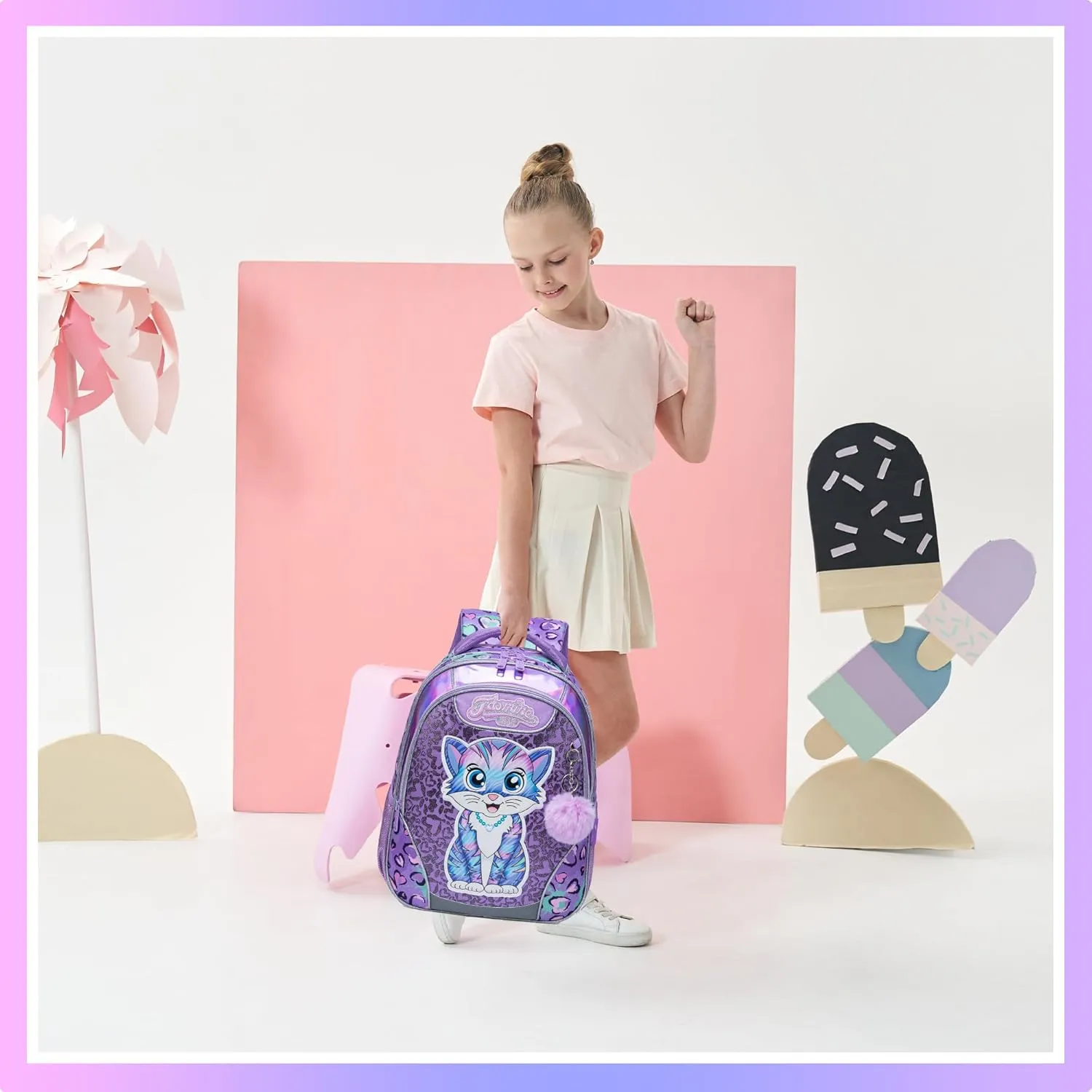 Meetbelify Backpacks for Girls School Bag Cute Girls Backpacks Ages 8-10 with Lunch Box Kids Bookbag Set Travel Backpack for Preschool Kindergarten Elementary Students