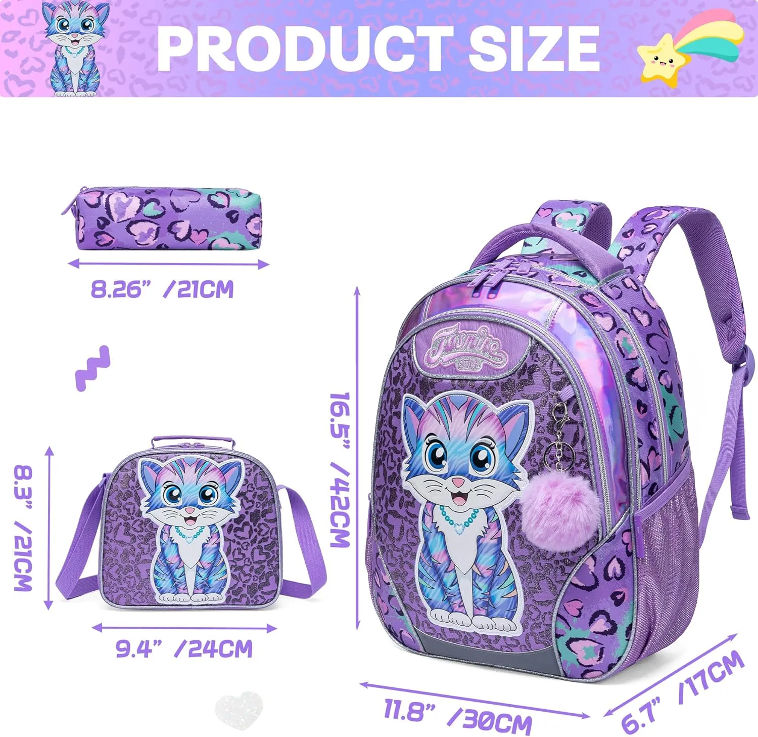 Meetbelify Backpacks for Girls School Bag Cute Girls Backpacks Ages 8-10 with Lunch Box Kids Bookbag Set Travel Backpack for Preschool Kindergarten Elementary Students